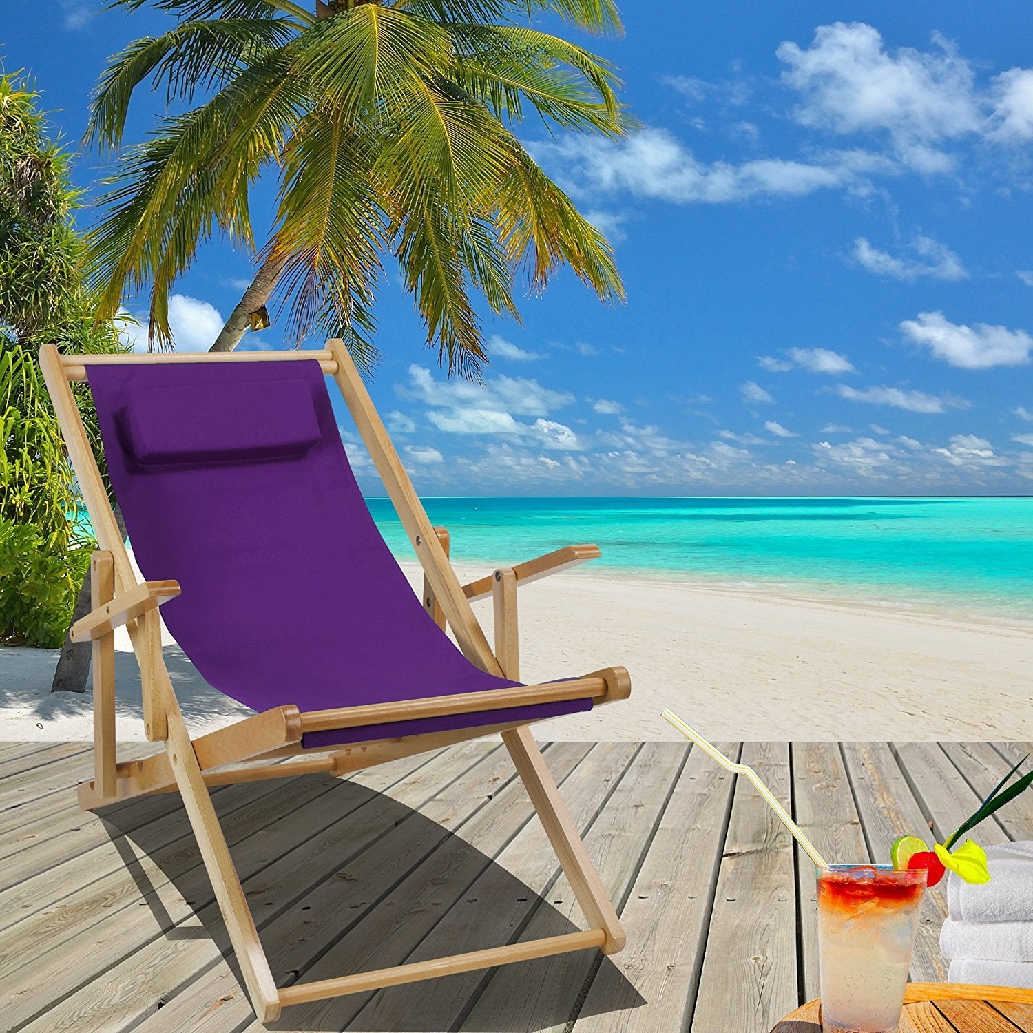 Casual Home Adjustable Sling Chair Natural Frame, Purple Canvas