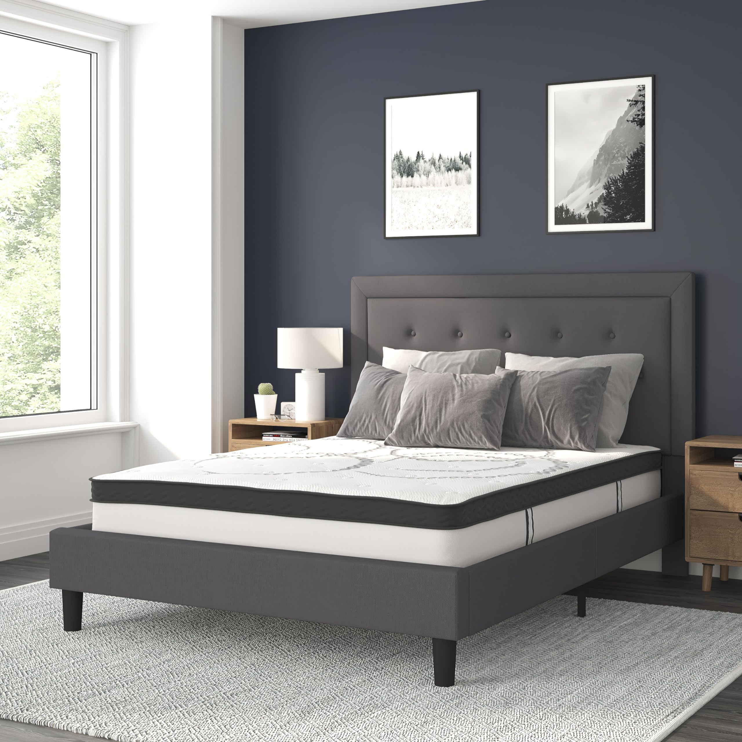 Flash Furniture Roxbury Queen Size Tufted Upholstered Platform Bed In Dark Gray Fabric With 10 Inch Certipur-Us Certified Pocket Spring Mattress