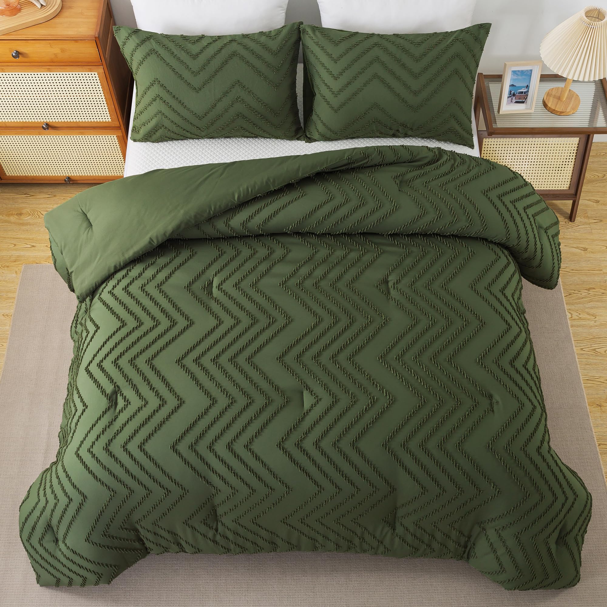 Andency Olive Green Comforter Set King Size, Boho Soft Fluffy Warm Lightweight Bedding Comforter Sets For King Bed, 3 Pieces Chevron Tufted Aesthetic Microfiber Lightweight Comforter Set