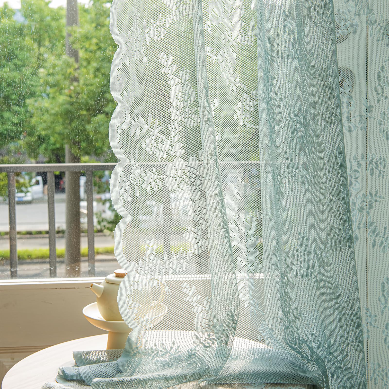 Deeprove Teal Lace Boho Curtains 84 Inches Long 2 Panels Set, Aqua Sheer Florals Bohemian Shabby Chic Vintage Window Treatment P