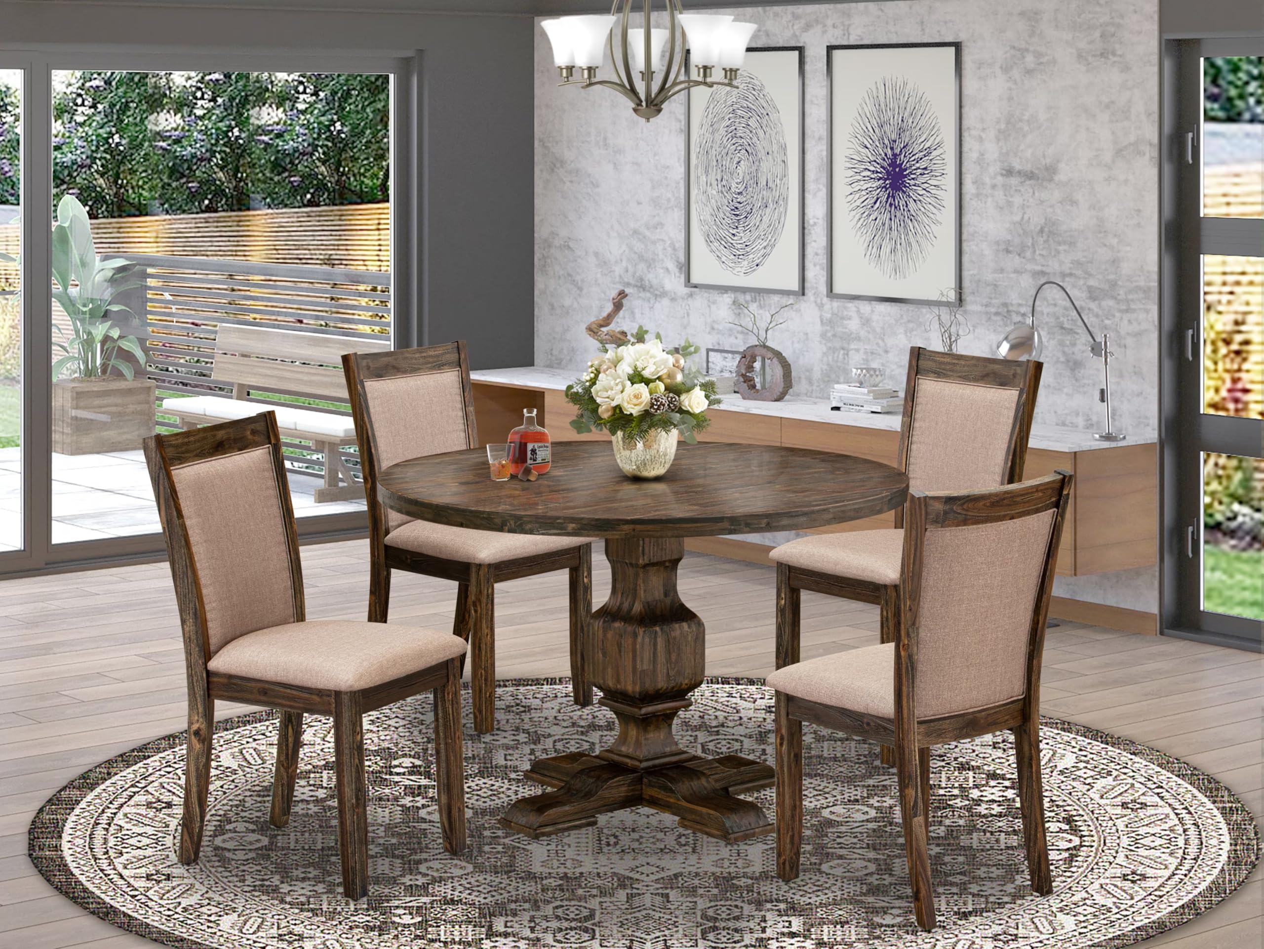 East West Furniture I3MZ5-716 5 Piece Dining Table Set for 4 Includes a Round Kitchen Table with Pedestal and 4 Dark Khaki Linen Fabric Parson Dining Chairs, 48x48 Inch, Distressed Jacobean