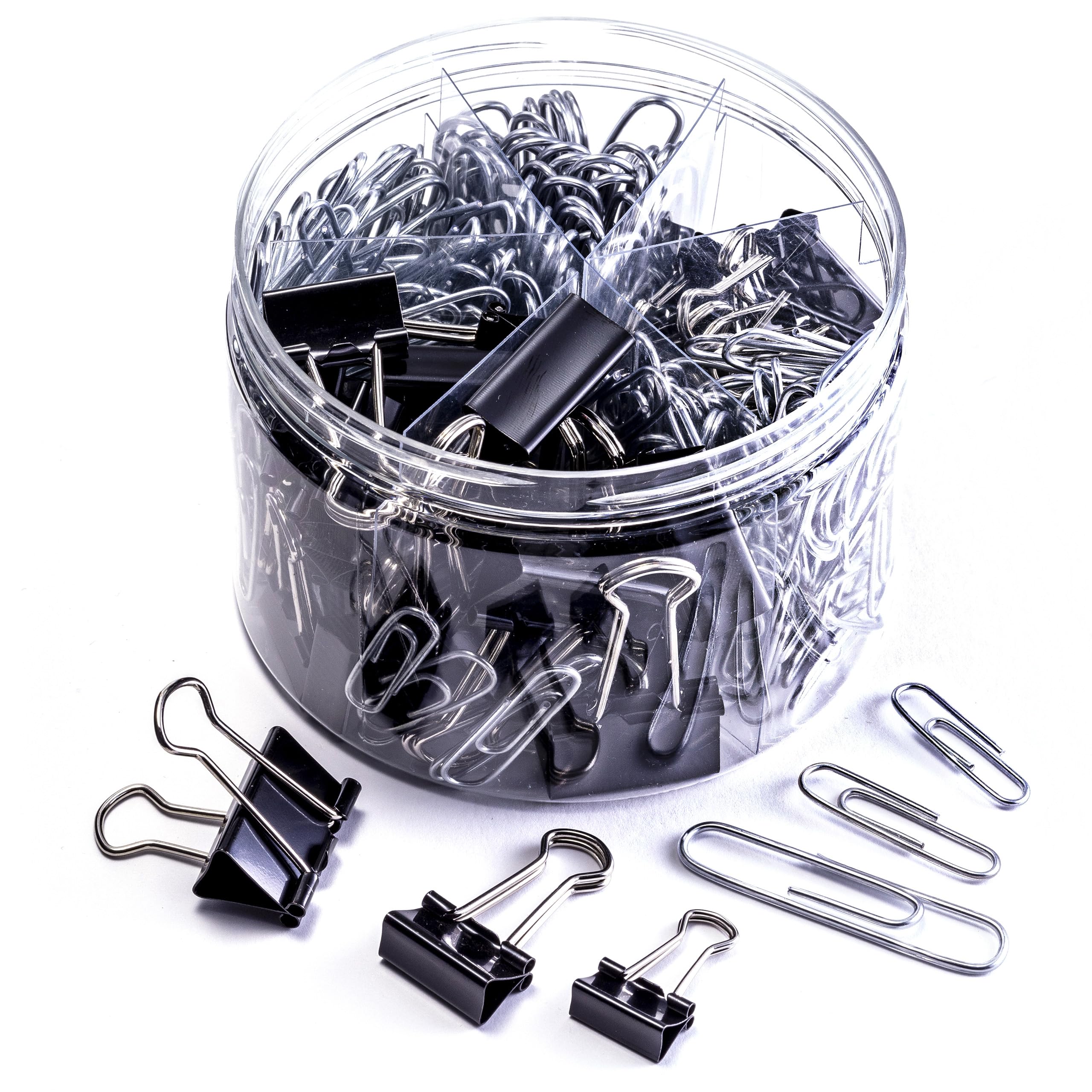 Officemate 340 Assorted Paper Clips And Binder Clips, Re-Usable Storage Tub, Silver/Black (31040)