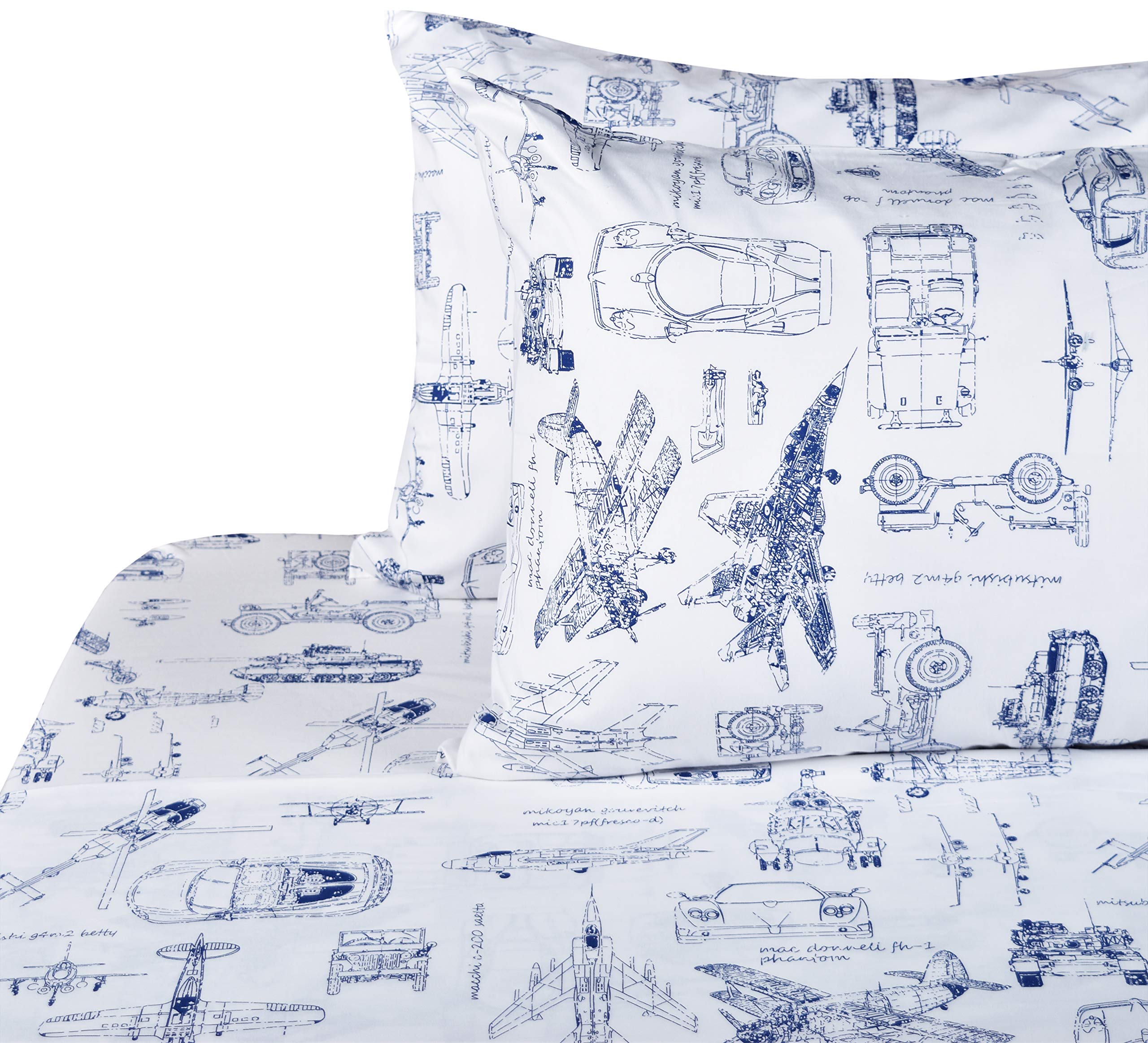 J-Pinno Cars Tank Helicopter Aircraft Military Transport Vehicles Sheet Set Full For Kids Boy Children,100% Cotton, Flat Sheet +