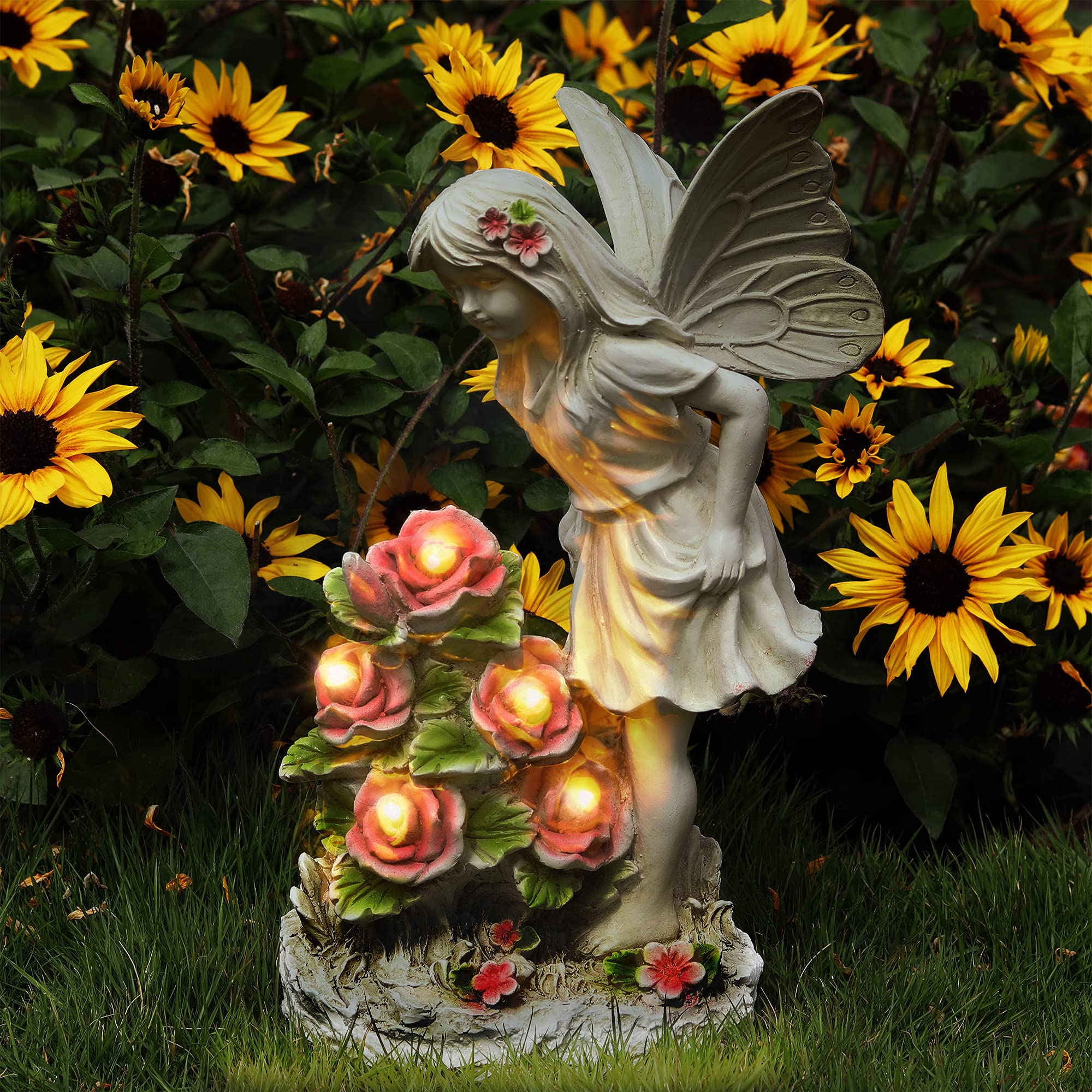 Voveexy Garden Figurines Angel Garden Statue Outdoor Decor, Solar Powered Resin Sculpture With 5 Leds Art Decoration For Patio L
