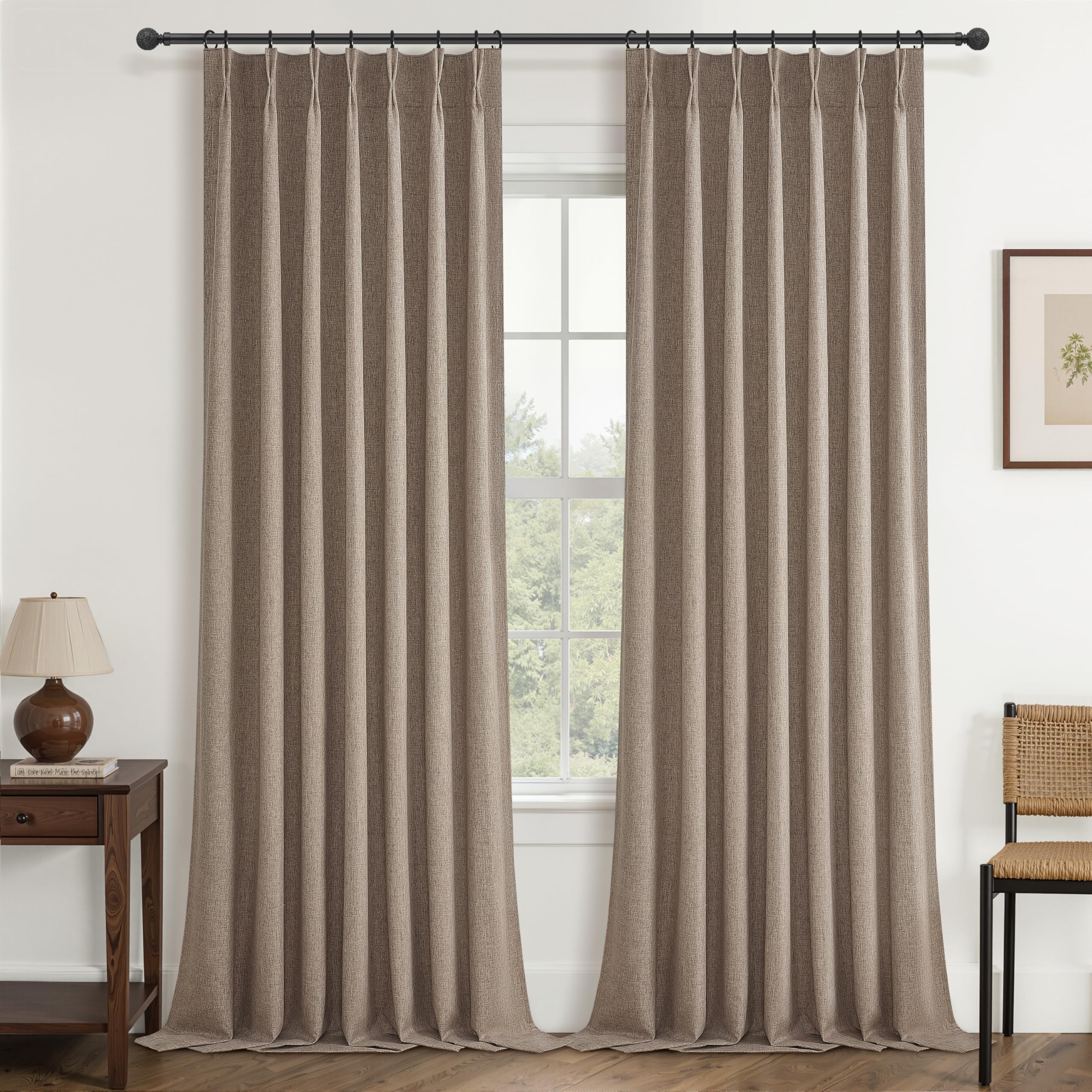 QJmydeco Dark Flax Blackout 105 Inch Long Boho Living Room Curtains 2 Panels Set, Pinch Pleated Floor to Ceiling Farmhouse Heavy