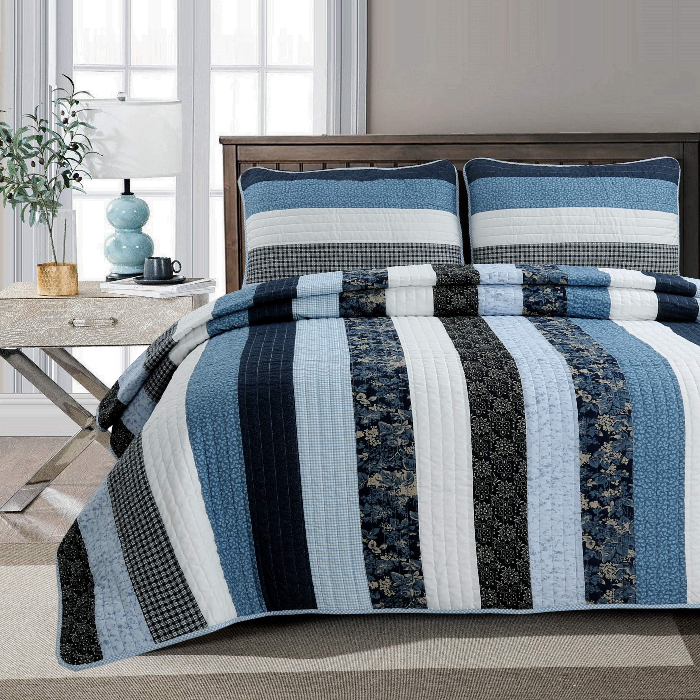 Cozy Line Home Fashions Lakeland Navy Blue White Striped 100% Cotton Reversible Quilt Bedding Set, Coverlet,Bedspread (Floral St