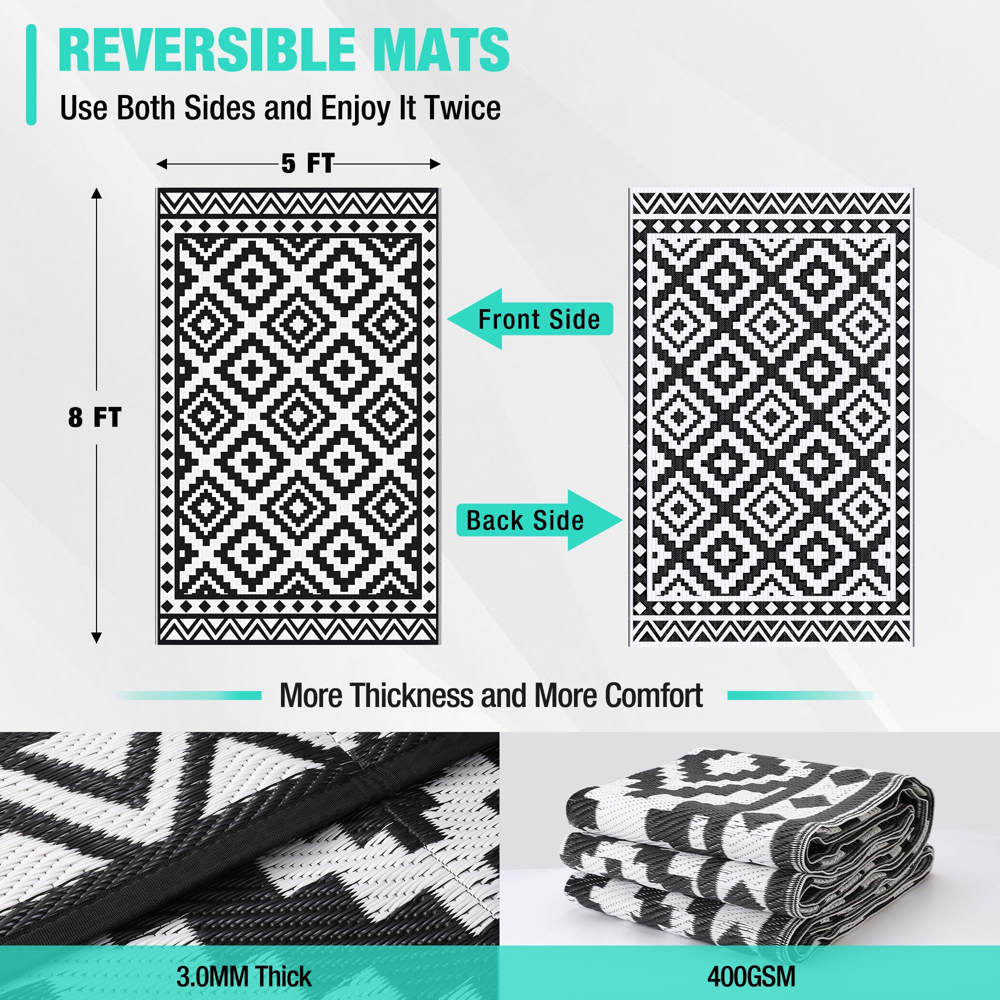 Haushof 5'X8' Outdoor Rug Waterproof, Thickened Outdoor Plastic Straw Rug, Reversible Patio Rug With 4 Rug Stakes, Outdoor Carpet Mat For Rv Trip, Camping, Beach, Deck, Porch, Balcony, Black&White