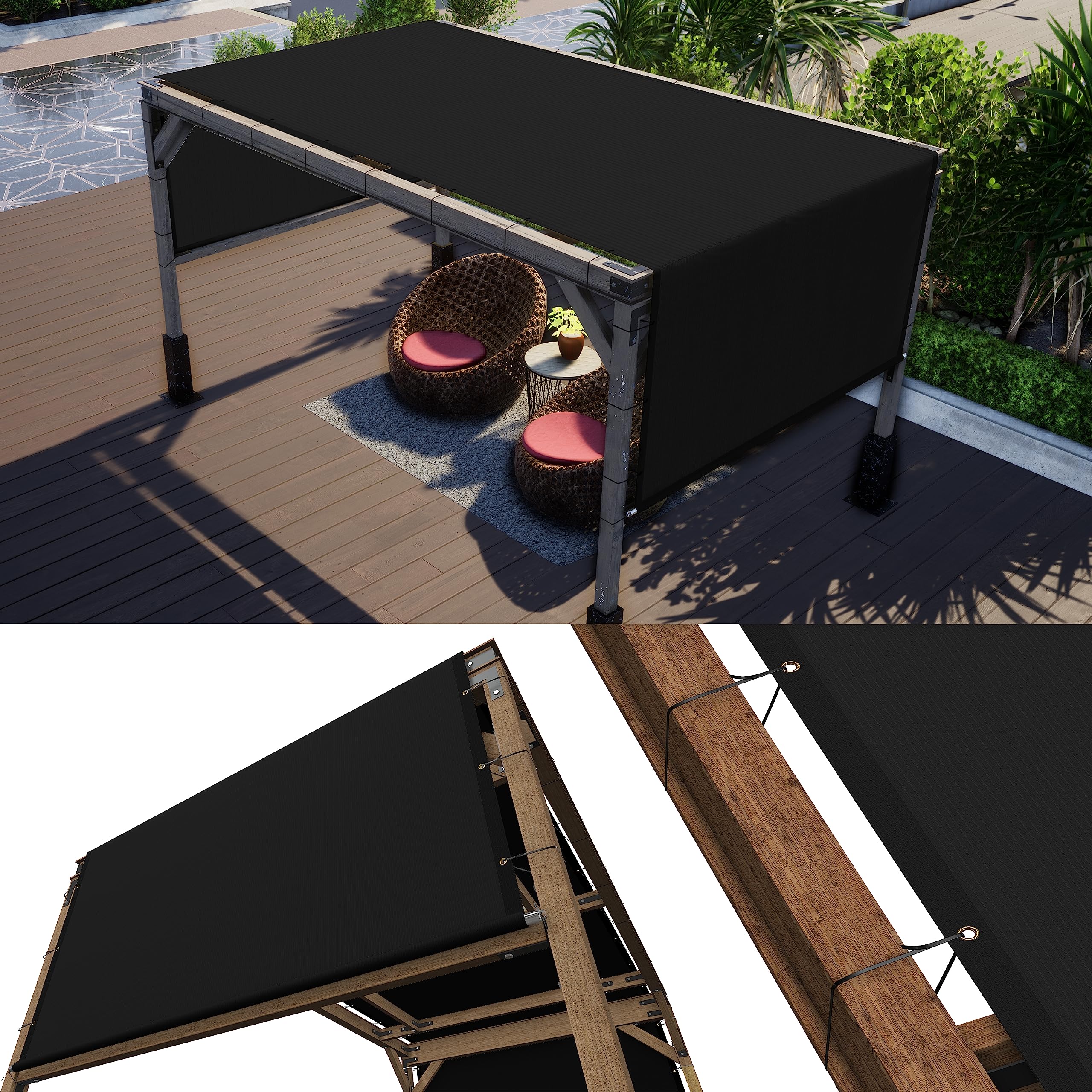 Colourtree 8' W X 16' L Black Pergola Sun Shade Canopy Replacement Cover Upf50, Commercial Grade 260 Gsm Cloth For Outdoor Patio