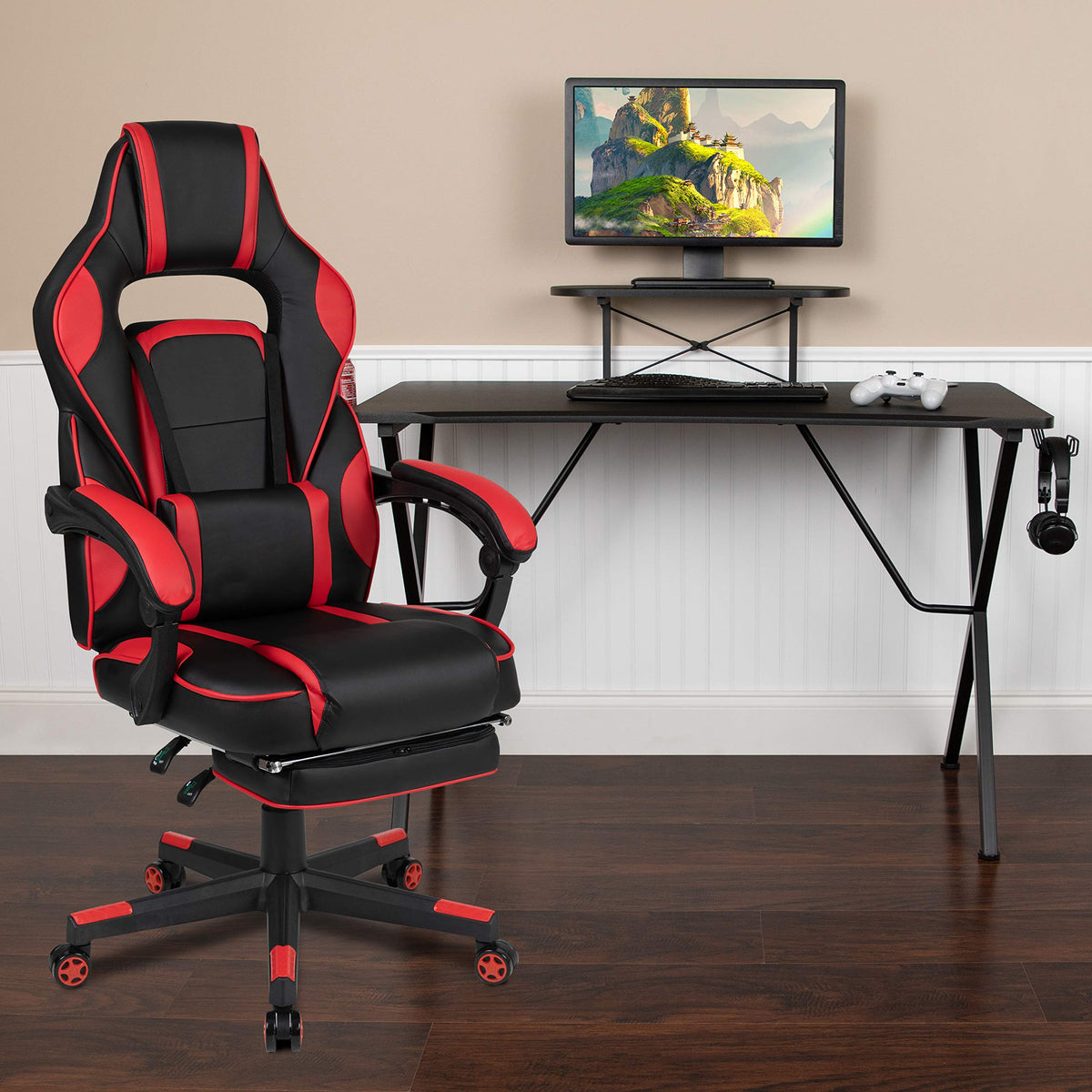 Flash Furniture Optis Black Gaming Desk With Cup Holder/Headphone Hook/Monitor Stand & Red Reclining Back/Arms Gaming Chair With Footrest