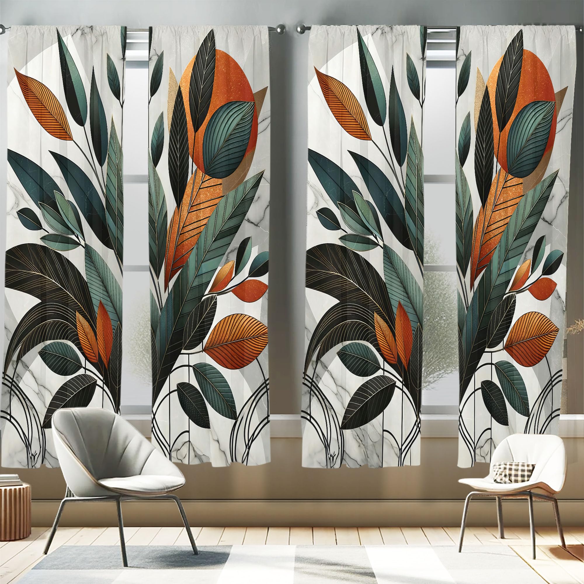 Ambesonne Boho Window Curtains Pack Of 2, Mid Century Modern Exotics Leaves And Roundy Line Details Art Minimalist, Lightweight