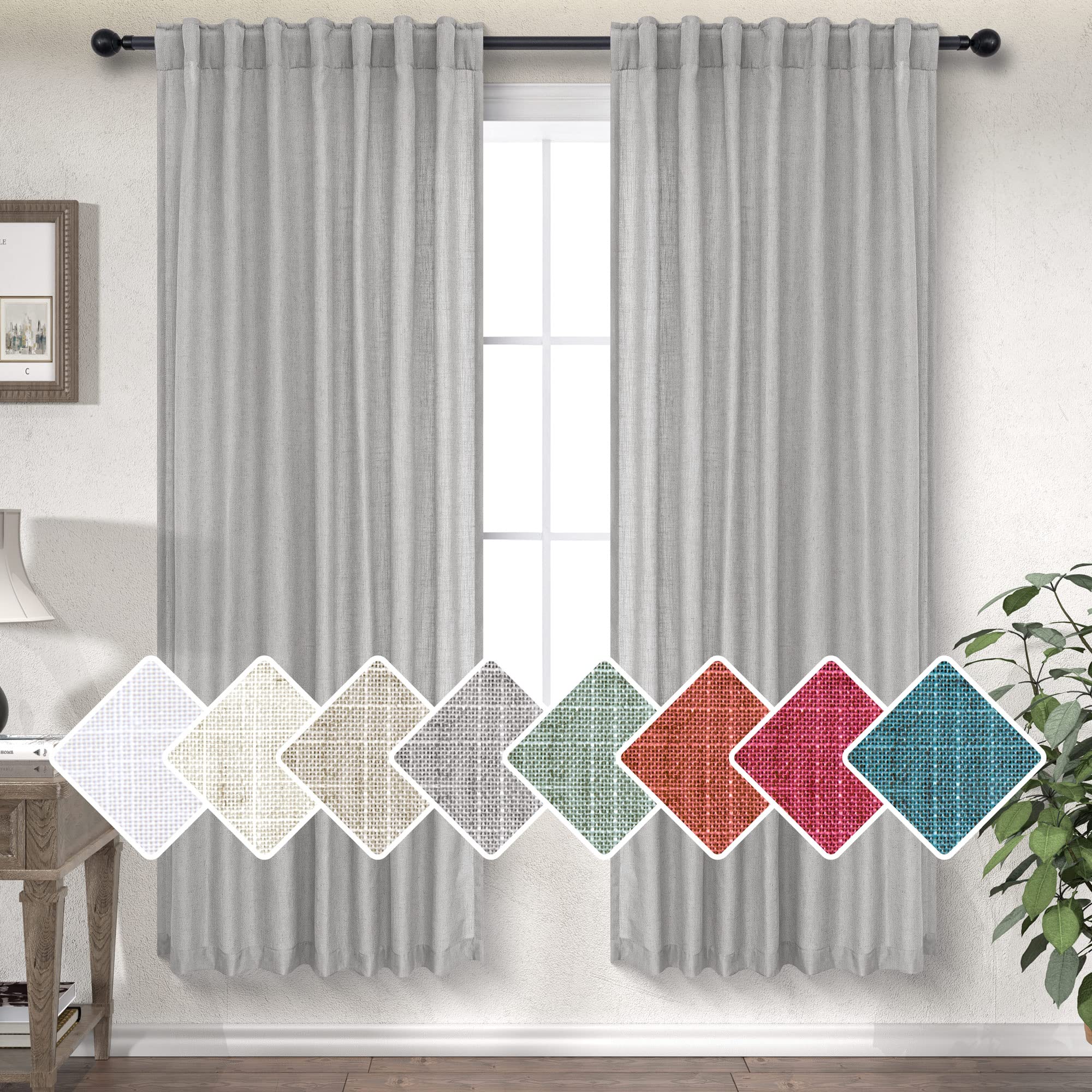 Light Gray Curtains 63 Inch Length For Bedroom 2 Panel Back Tab Loop Pocket Lightweight Semi Sheer Linen Soft Dove Grey Curtain