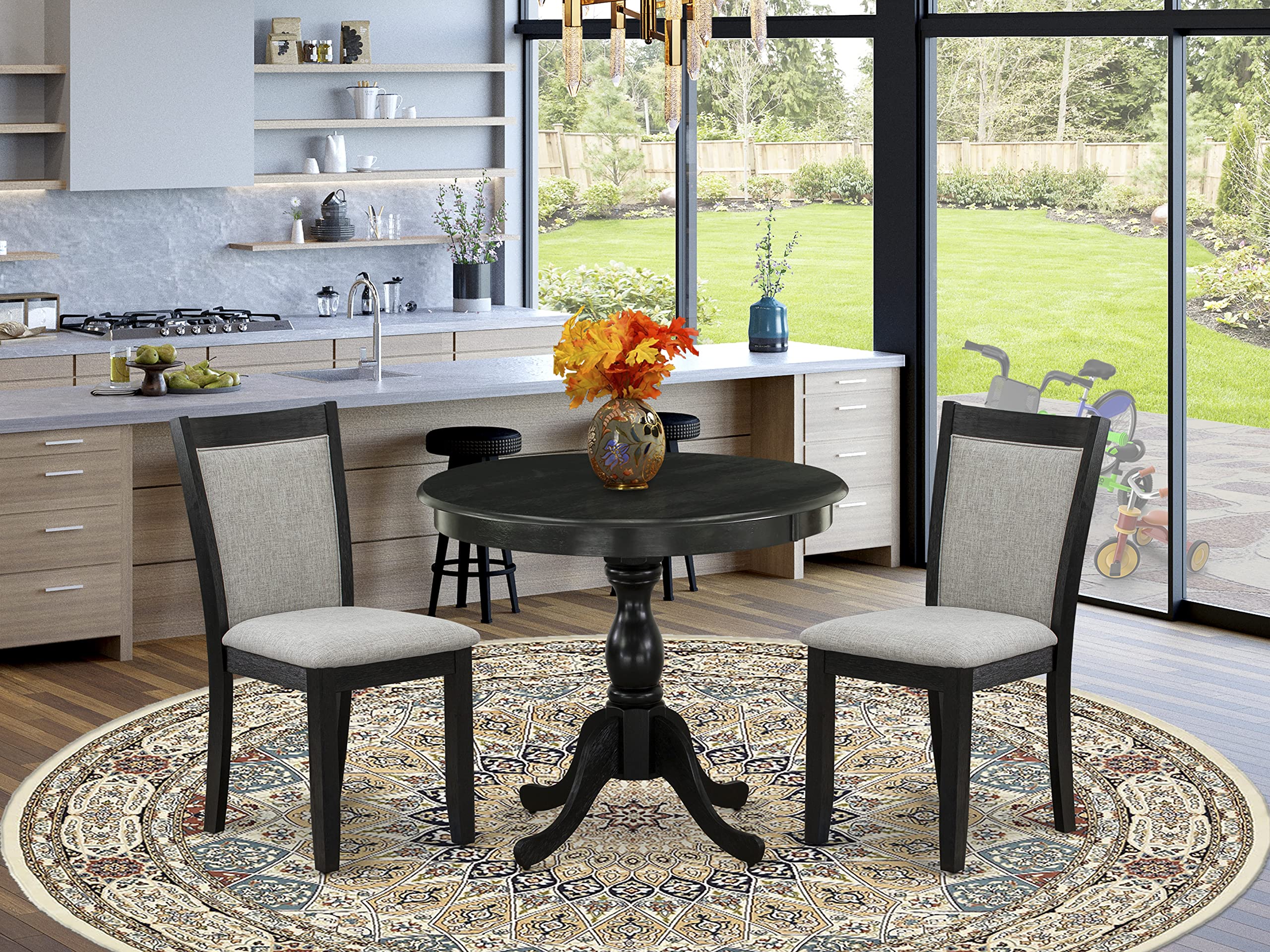 East West Furniture AMMZ3-AB6-06 3 Piece Modern Dining Table Set Contains a Round Kitchen Table with Pedestal and 2 Shitake Linen Fabric Upholstered Chairs, 36x36 Inch, Wirebrushed Black