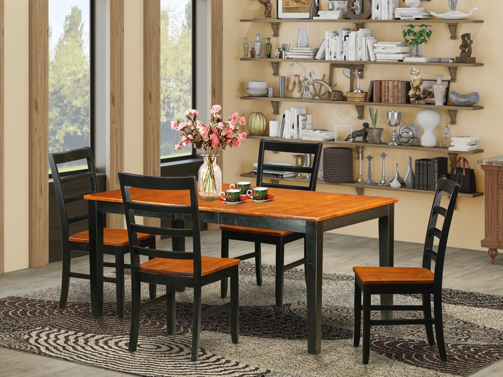 East West Furniture NIPF5-BCH-W 5 Piece Kitchen Table & Chairs Set Includes a Rectangle Dining Room Table with Butterfly Leaf and 4 Solid Wood Seat Chairs, 36x66 Inch, Black & Cherry