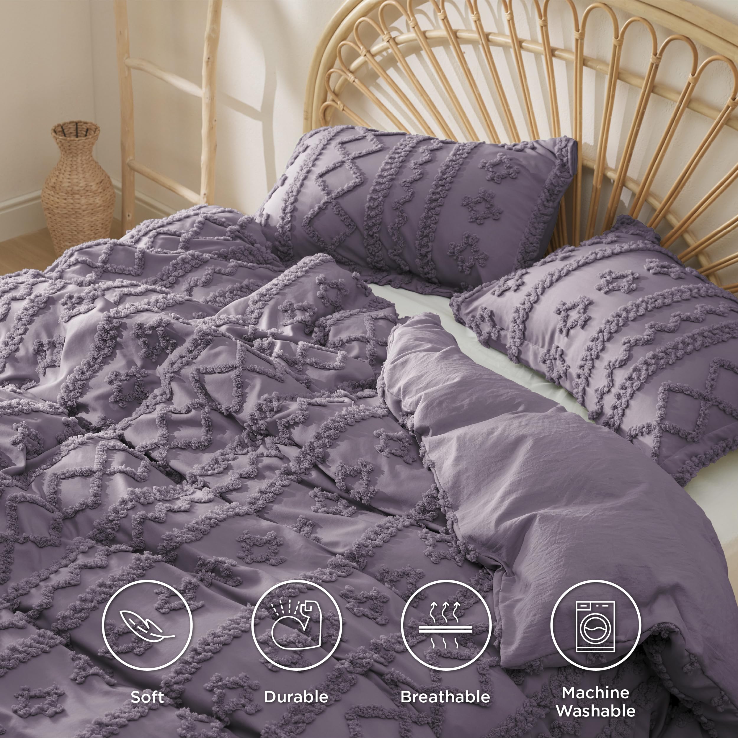 Bedsure Boho Duvet Cover King Size - Tufted Duvet Cover King Size For All Seasons, 3 Pieces Soft Shabby Chic Embroidery Boho Bedding Duvet Cover For Gifts (Grayish Purple, King, 104X90)