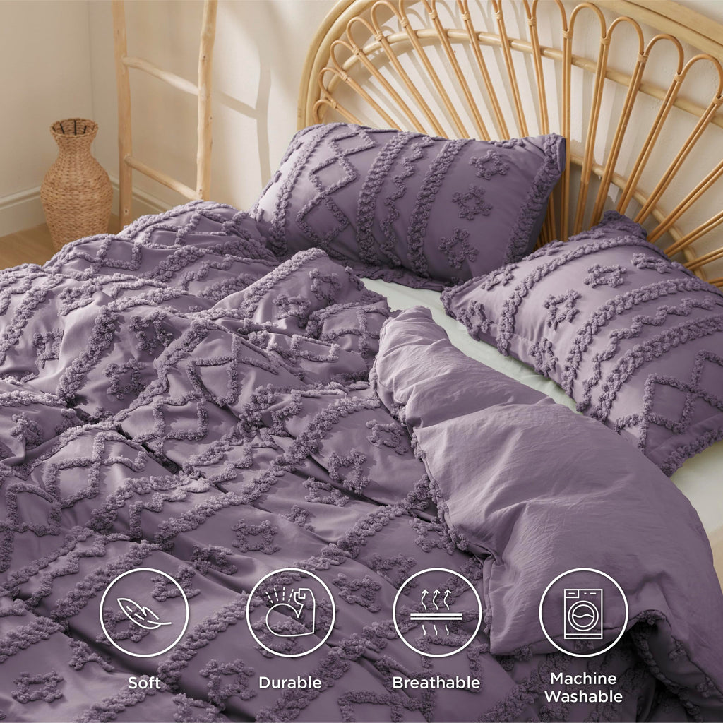 Bedsure Boho Duvet Cover Queen Size - Tufted Duvet Cover Queen Set For All Seasons, 3 Pieces Soft Shabby Chic Embroidery Boho Bedding, Comforter Not Included (Grayish Purple, 90' X 90')