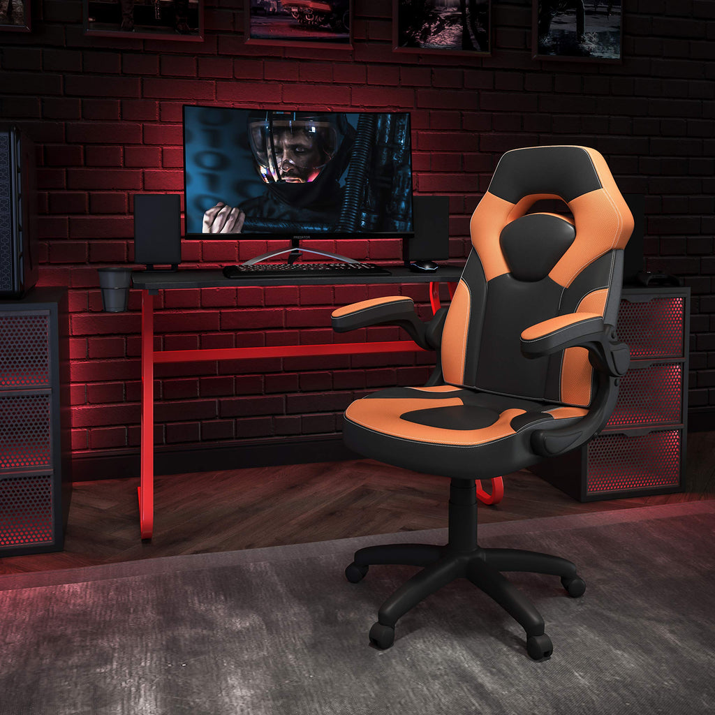 Flash Furniture Red Gaming Desk And Orange/Black Racing Chair Set With Cup Holder And Headphone Hook