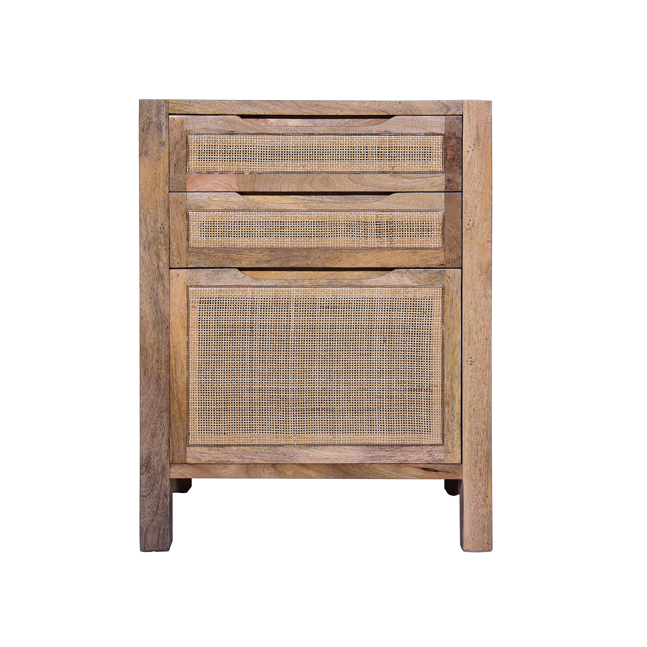TUP The Urban Port Ryan 31-Inch Cottage Mango Wood Storage Cabinet Table, Cane Rattan Panels, 3 Drawers, Natural Brown