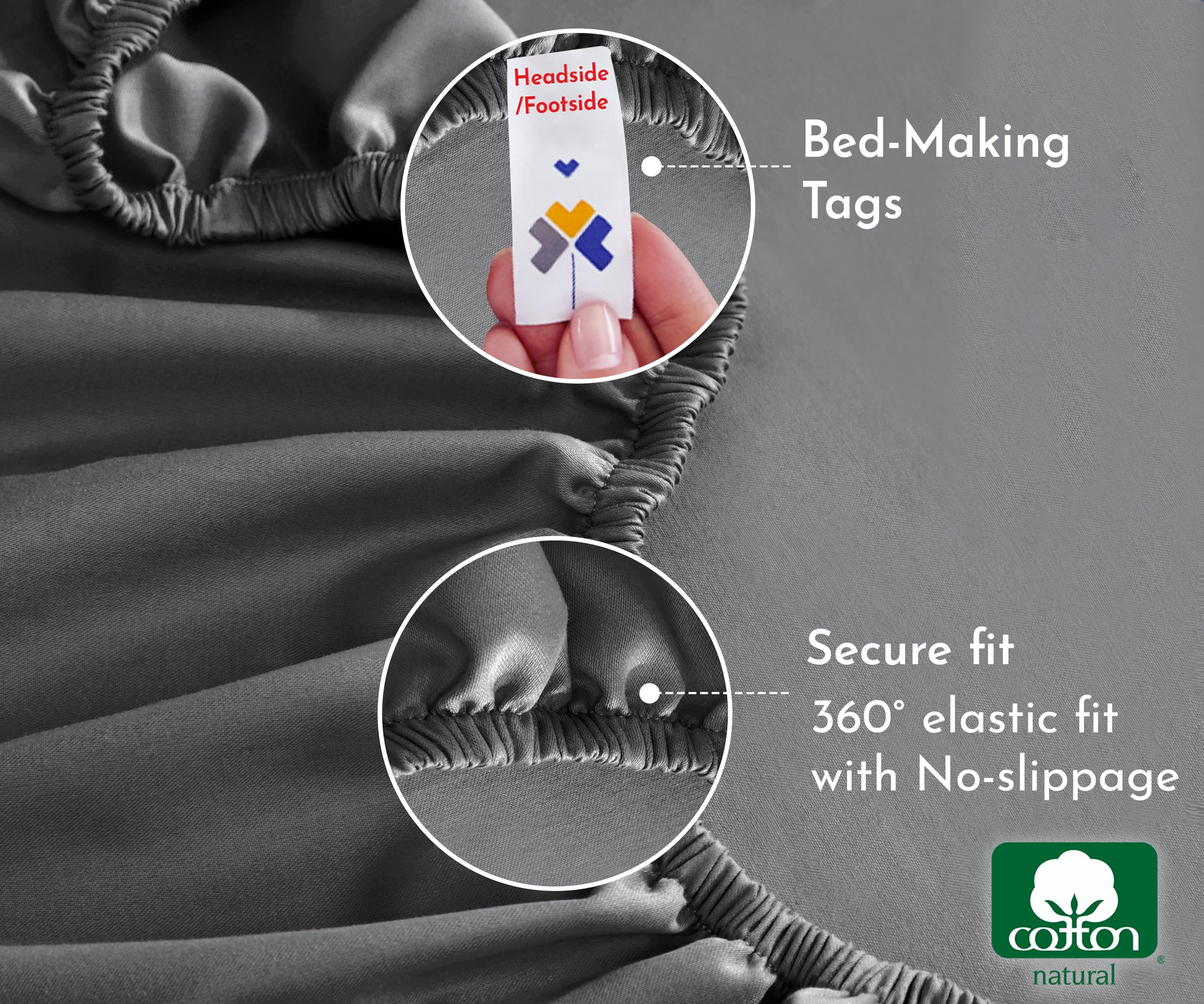 California Design Den Twin Fitted Sheet Only, Soft 100% Cotton Sateen, Durable All-Around Elastic, Head/Foot Side Indicators, Deep Pocket Twin Fitted Sheet (Grey)