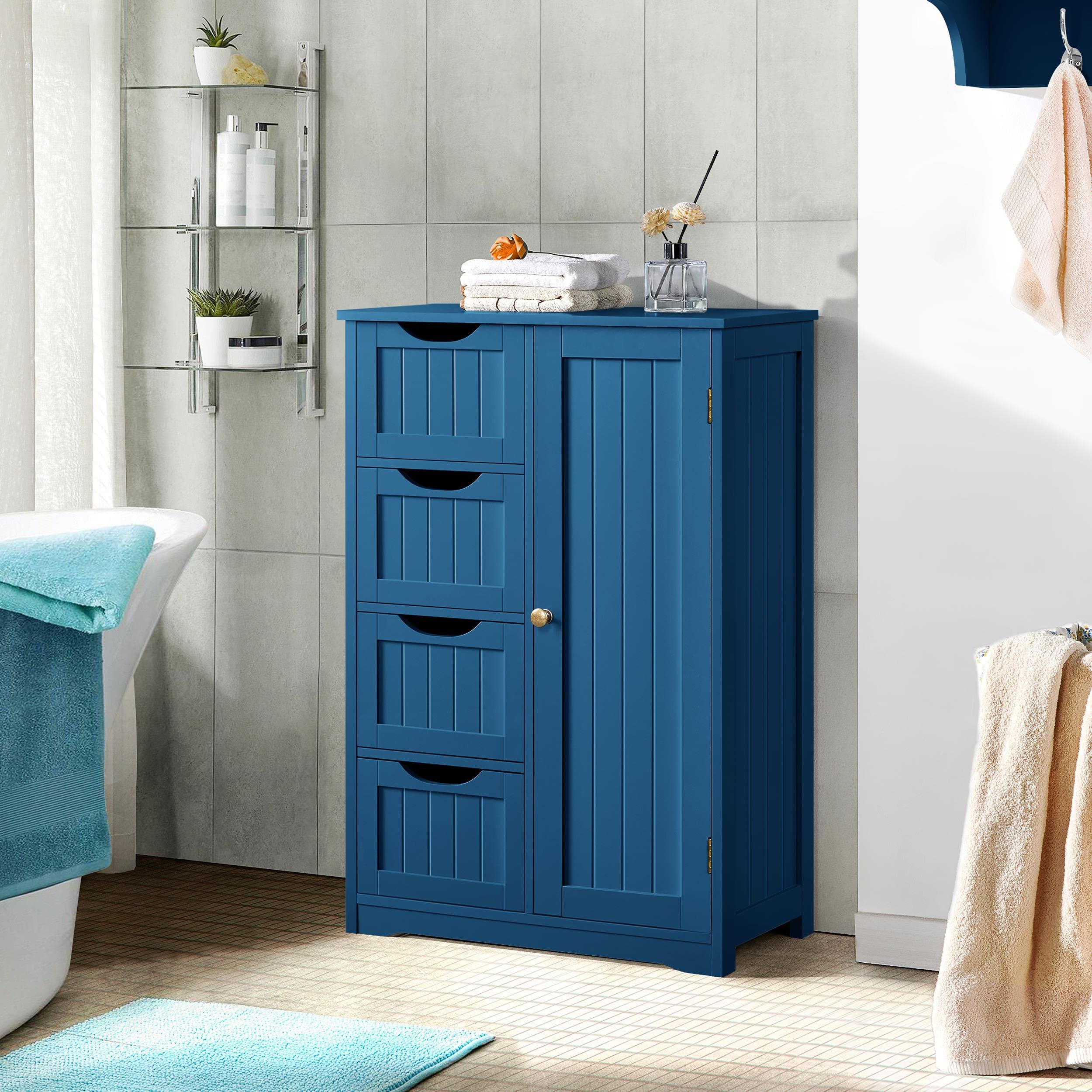 Yaheetech Wooden Bathroom Floor Cabinet, Side Storage Organizer Cabinet With 4 Drawers And 1 Cupboard, Freestanding Entryway Storage Unit Console Table, Bathroom Furniture Home Decor, Navy Blue