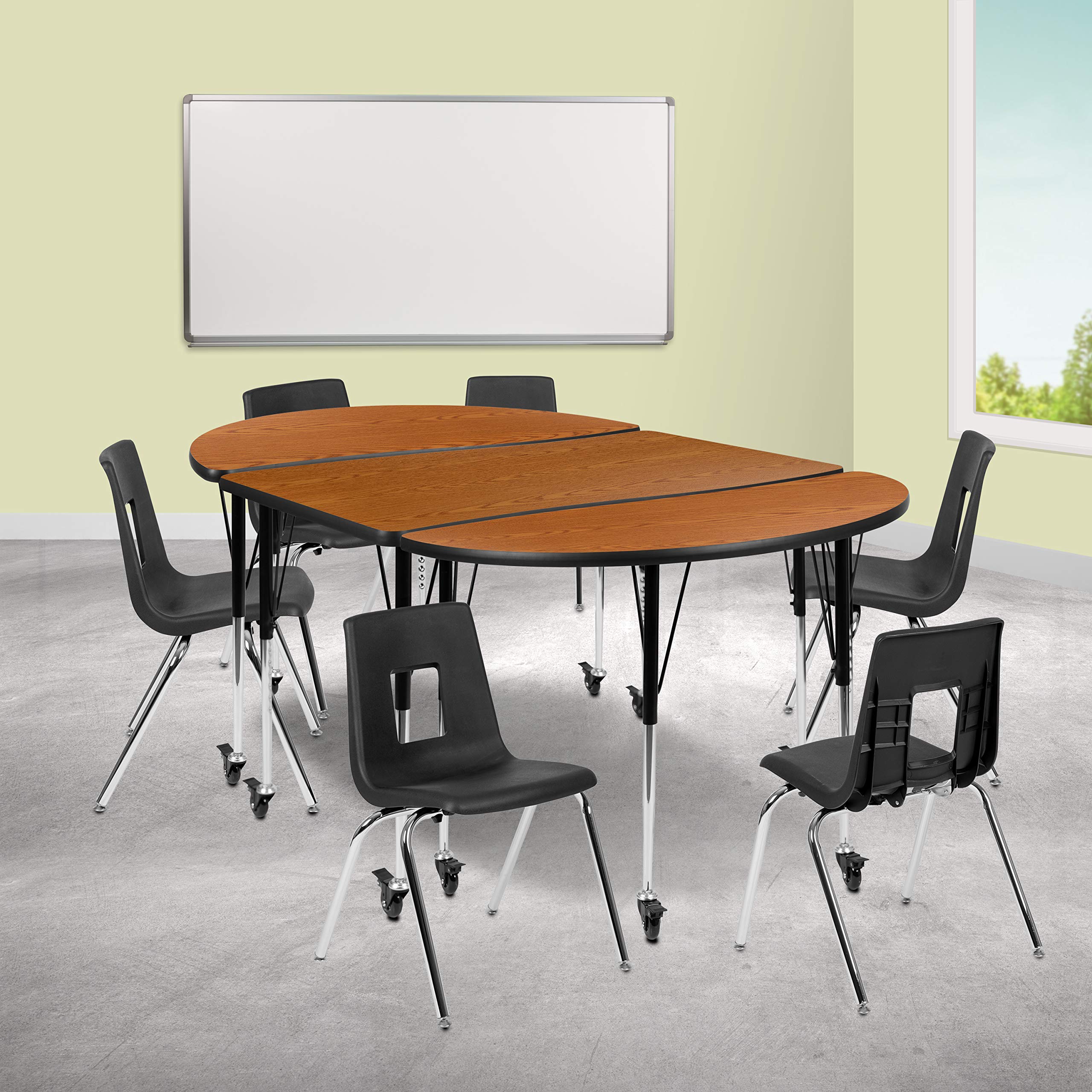 Flash Furniture Mobile 76' Oval Wave Collaborative Laminate Activity Table Set With 18' Student Stack Chairs, Oak/Black