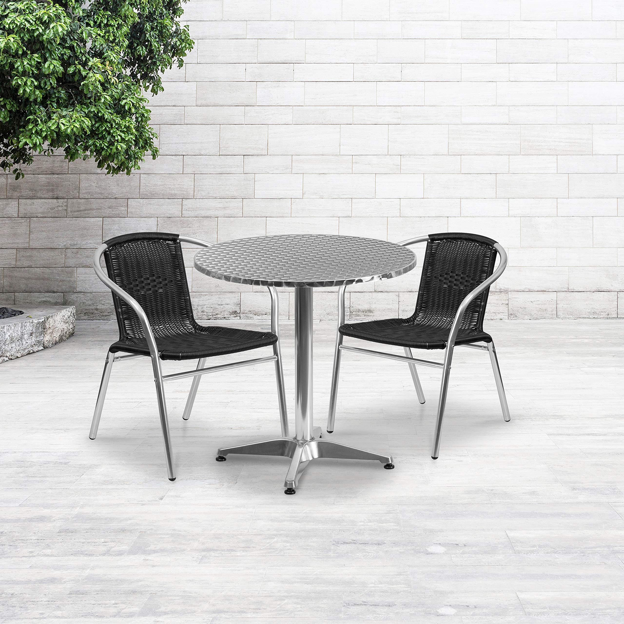 Flash Furniture 27.5'' Round Aluminum Indoor-Outdoor Table Set With 2 Black Rattan Chairs