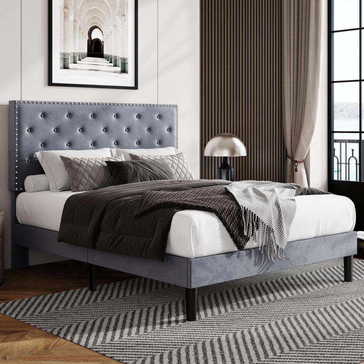 Allewie Full Size Velvet Upholstered Platform Bed Frame With Adjustable Diamond Button Tufted And Nailhead Trim Headboard, Wood Slat Support, Easy Assembly, No Box Spring Needed, Light Grey