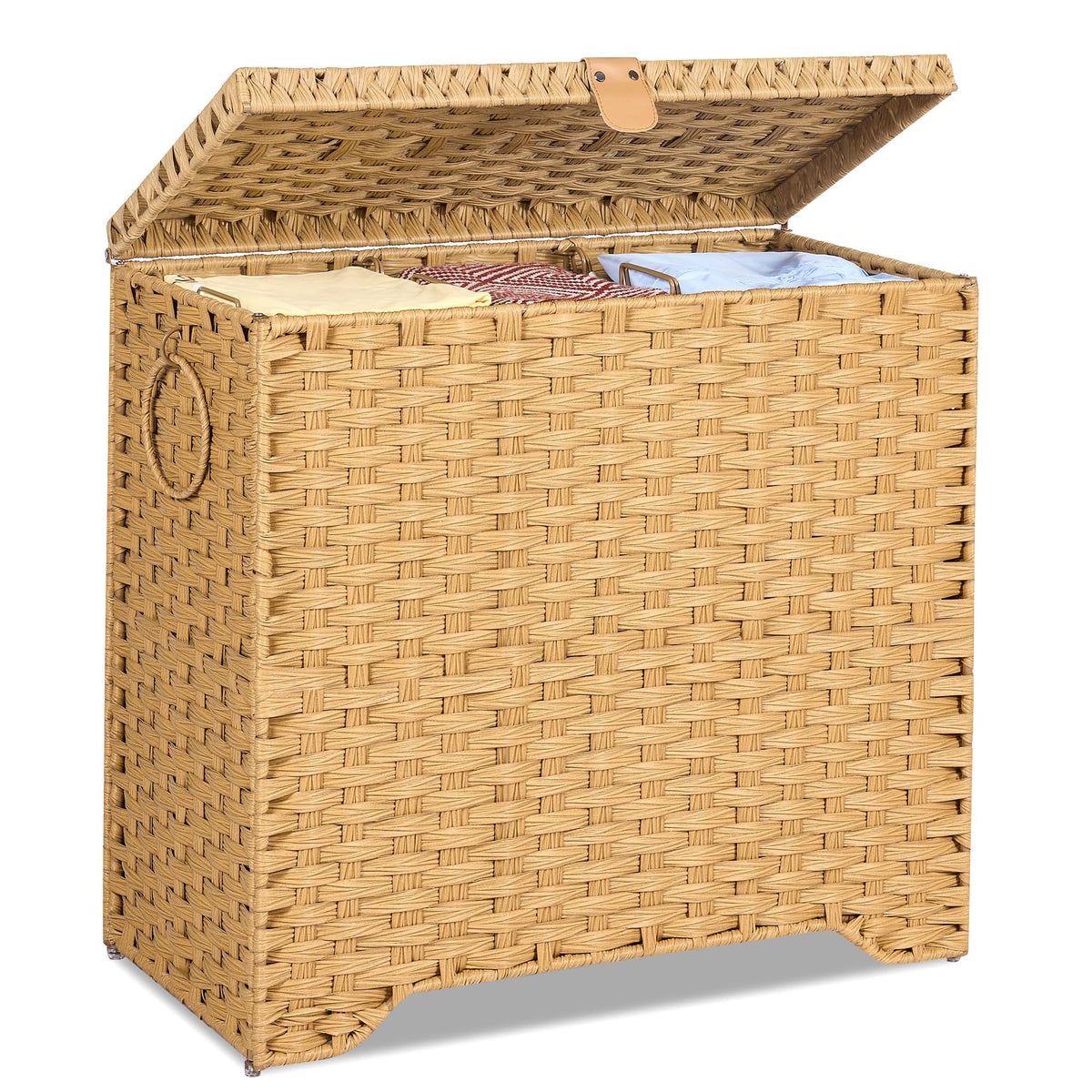 130L Wicker Laundry Hamper with Lid, 3Section Laundry Basket