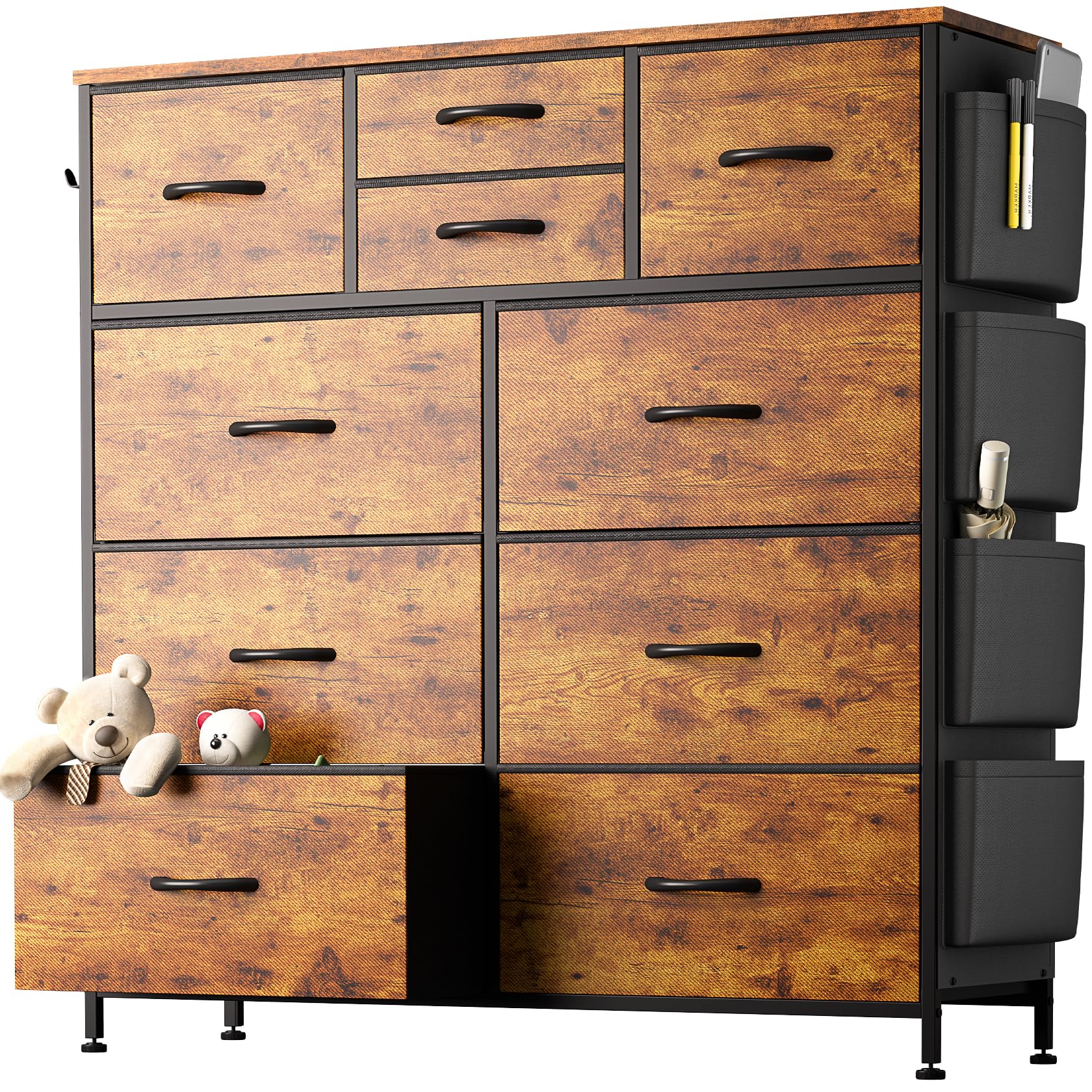 YaFiti 10 Drawer Dresser, Chest of Drawers for Bedroom, Fabric Dresser Drawers with Side Pockets, Hooks, Wooden Top and Sturdy M