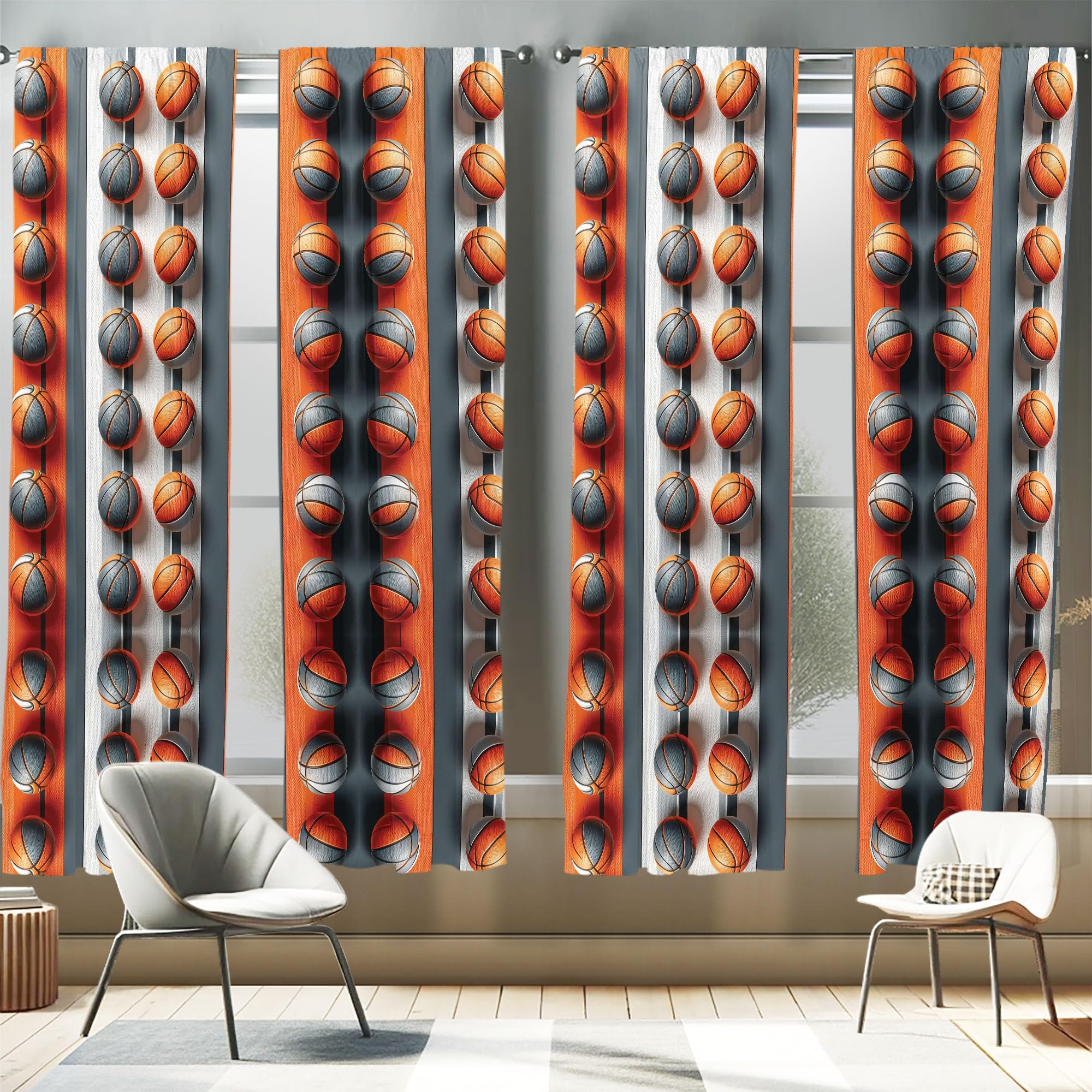 Ambesonne Basketball Window Curtains Pack of 2, Contemporary Abstract Design of Sports Theme Ball Pattern with Stripes, Lightwei