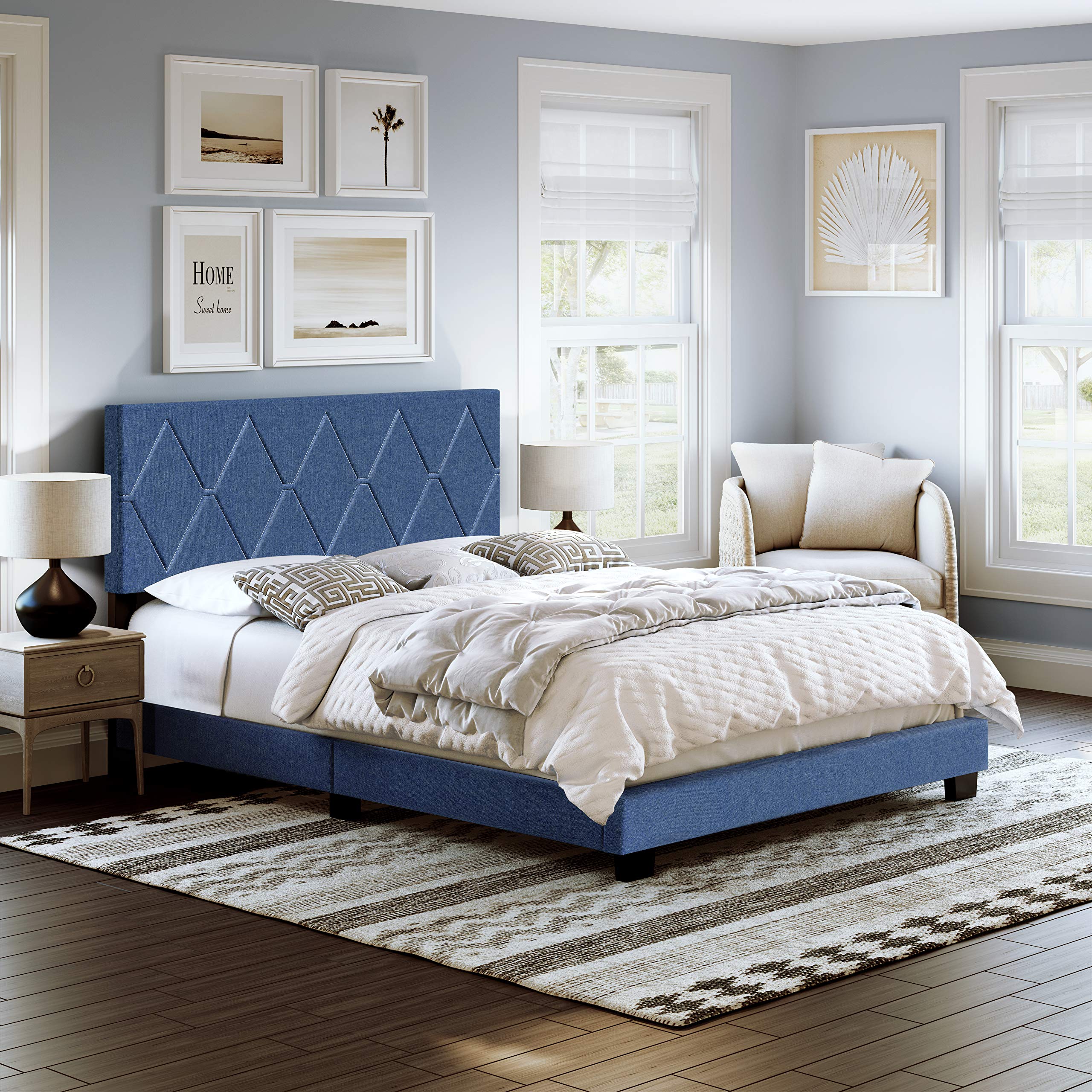 Boyd Sleep Diamond Upholstered Platform Bed with Headboard and Durable Mattress Foundation with Strong 4 Wood Slat Supports, Box Spring Required: Full, Blue