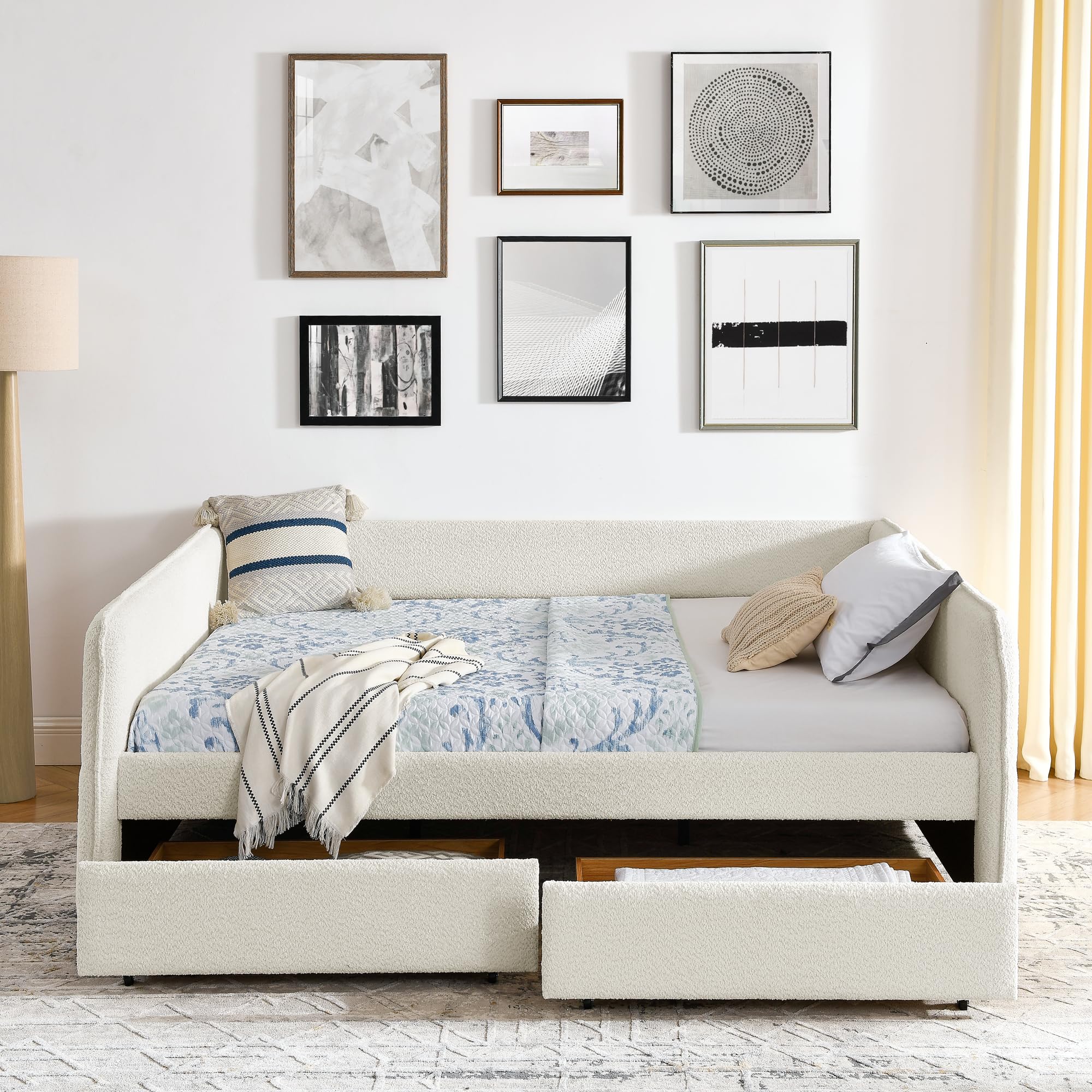 KEIKI Queen Size Boucle Upholstery Daybed with 2 Drawers, Modern Style Tufted Corner Sofa Bed Frame with Solid Wooden Slats, Eas