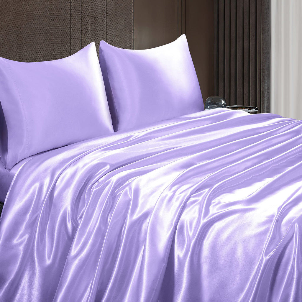 Homiest 4Pcs Satin Sheets Set Luxury Silky Satin Bedding Set With Deep Pocket, 1 Fitted Sheet + 1 Flat Sheet + 2 Pillowcases (Full Size, Lavender)