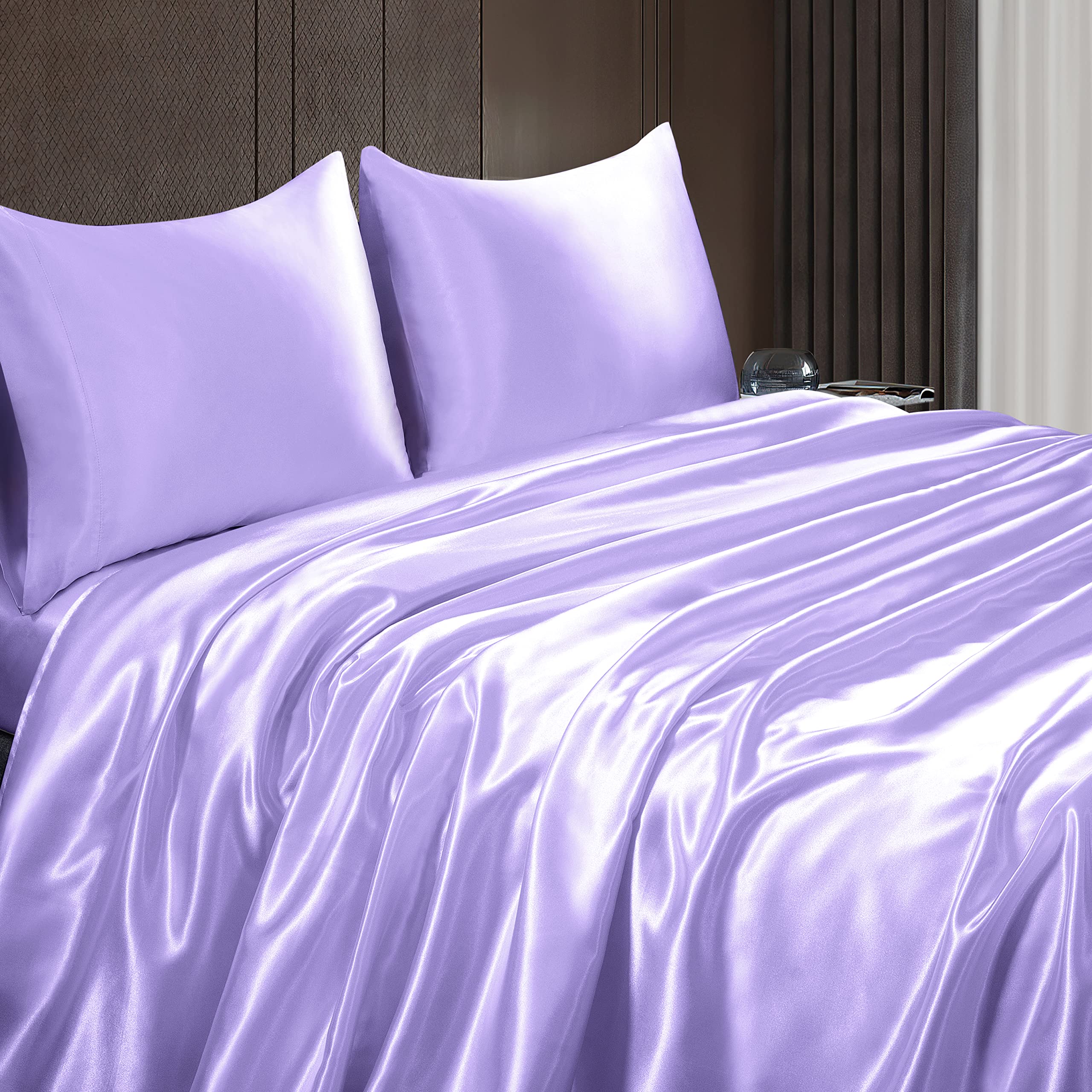 Homiest 4Pcs Satin Sheets Set Luxury Silky Satin Bedding Set With Deep Pocket, 1 Fitted Sheet + 1 Flat Sheet + 2 Pillowcases (King Size, Lavender)