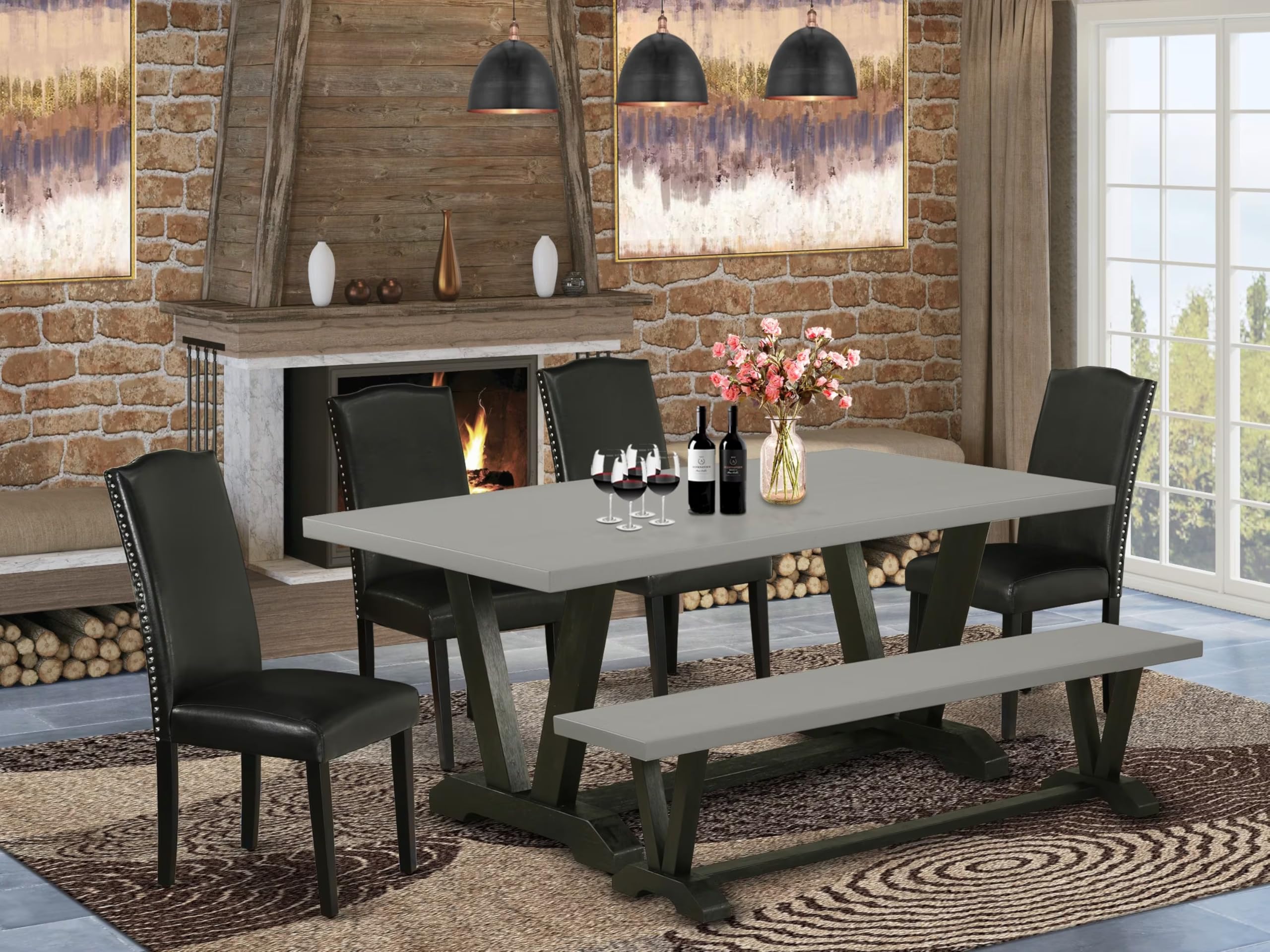 East West Furniture V697En169-6 6 Piece Modern Dining Table Set Contains A Rectangle Wooden Table With V-Legs And 4 Black Faux Leather Parson Chairs With A Bench, 40X72 Inch, Multi-Color