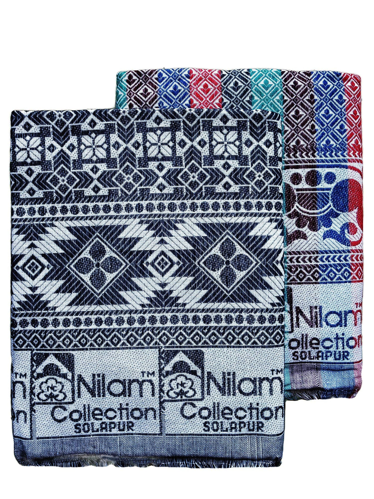 Nilam Collection Cotton Blanket Single Bed Size Solapur Chaddar Multi Color and Navy Blue