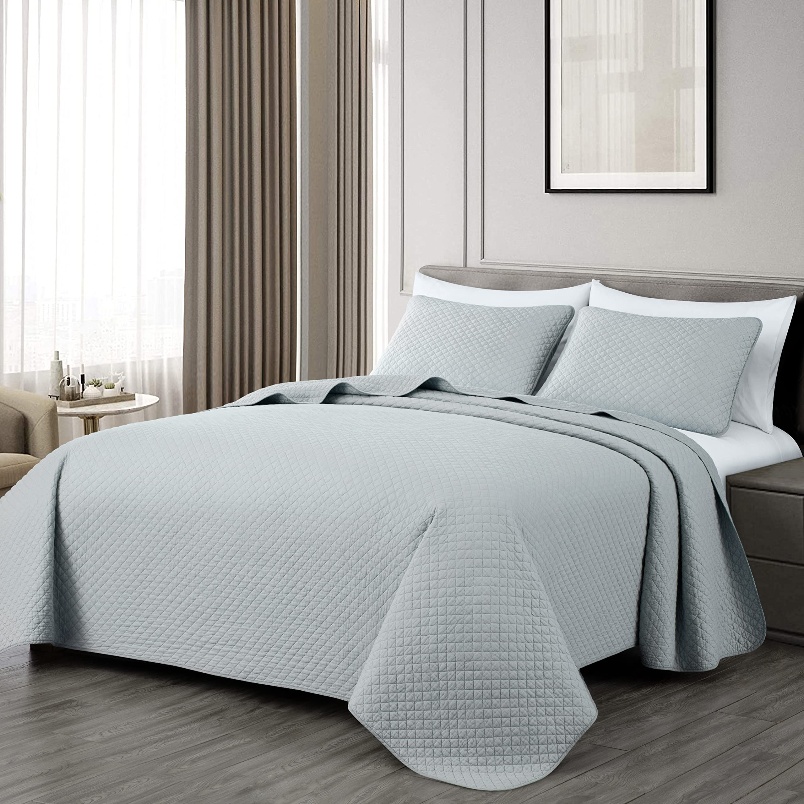 Chezmoi Collection Avon 3-Piece 100% Cotton Quilt Set King Size, Light Gray - Lightweight Soft-Finished Pre-Washed Cotton Diamon