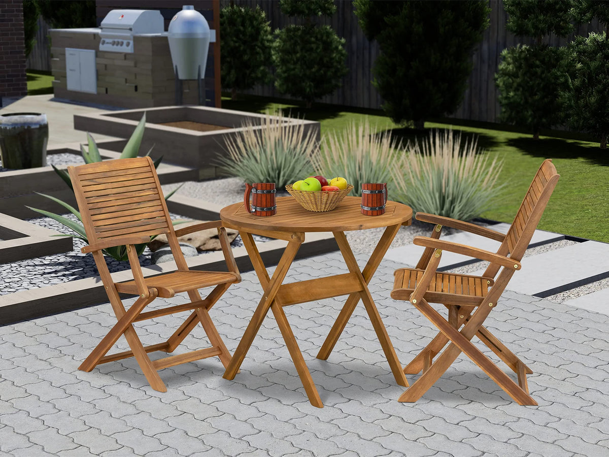 East West Furniture Mnhd3Cana Marion 3 Piece Patio Bistro Outdoor Set Includes A Round Acacia Wood Coffee Table And 2 Folding Arm Chairs, 30X30 Inch, Natural Oil