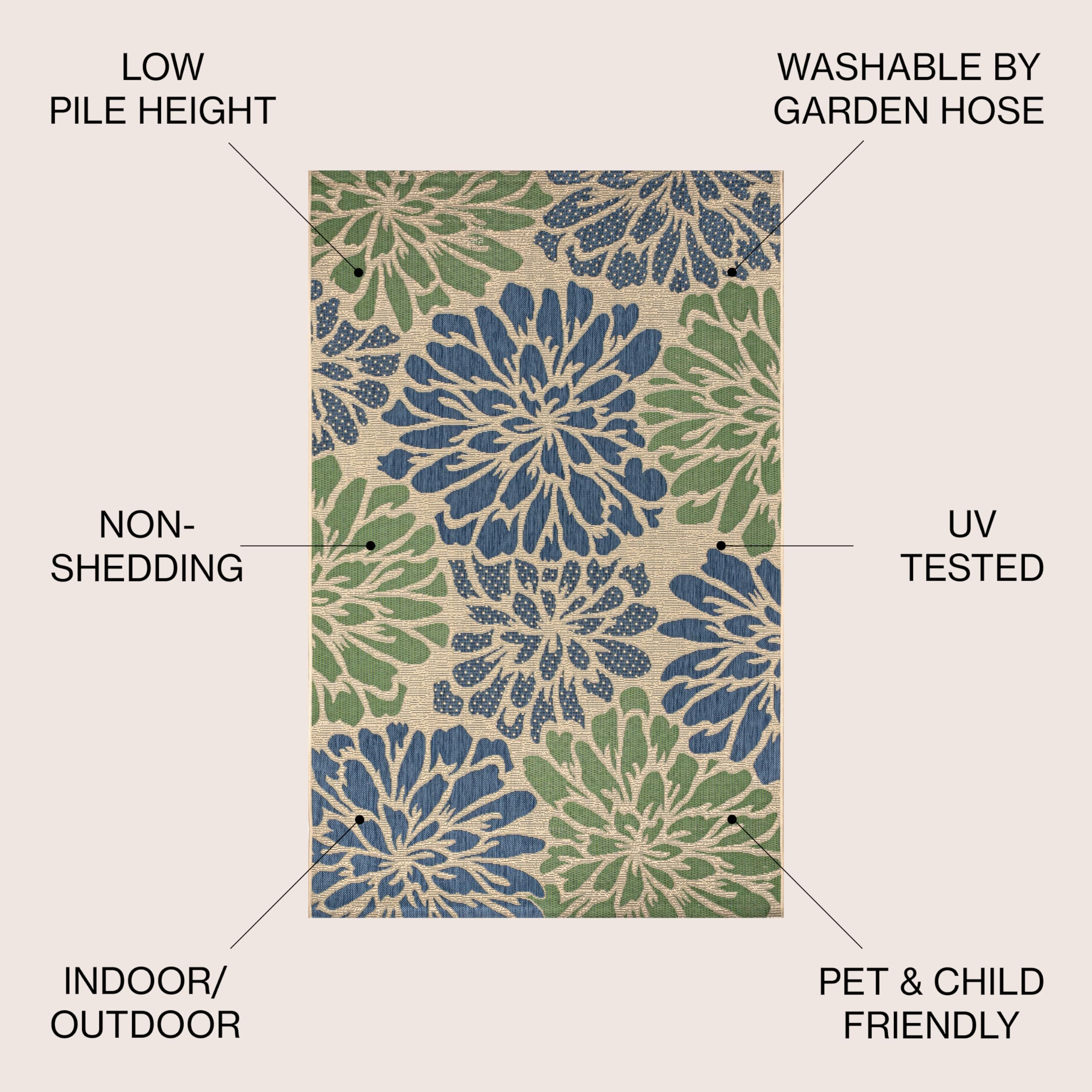 Jonathan Y Smb110B-6Sq Zinnia Modern Floral Textured Weave Indoor Outdoor -Area Rug Bohemian Coastal Easy-Cleaning Bedroom Kitchen Backyard Patio Non Shedding, 6' Square, Navy/Green