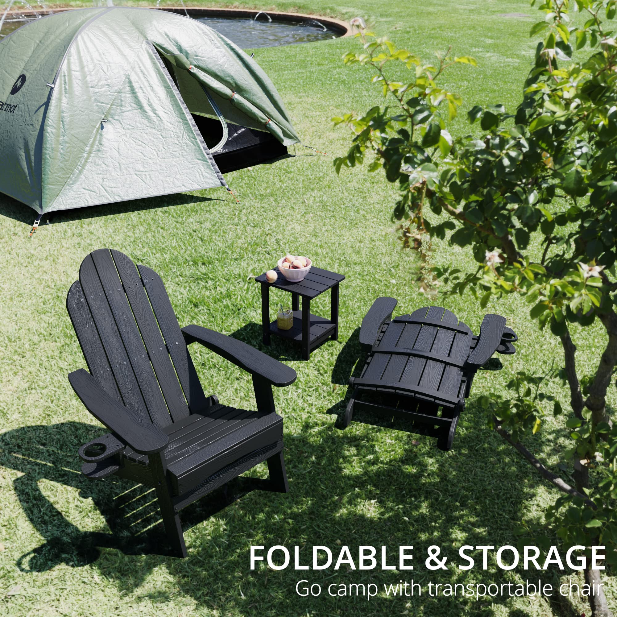 Lue Bona Folding Adirondack Chair Set Of 4, Black Hdps Fire Pit Patio Chairs Weather Resistant, Modern Plastic Outdoor Chairs With Cup Holder