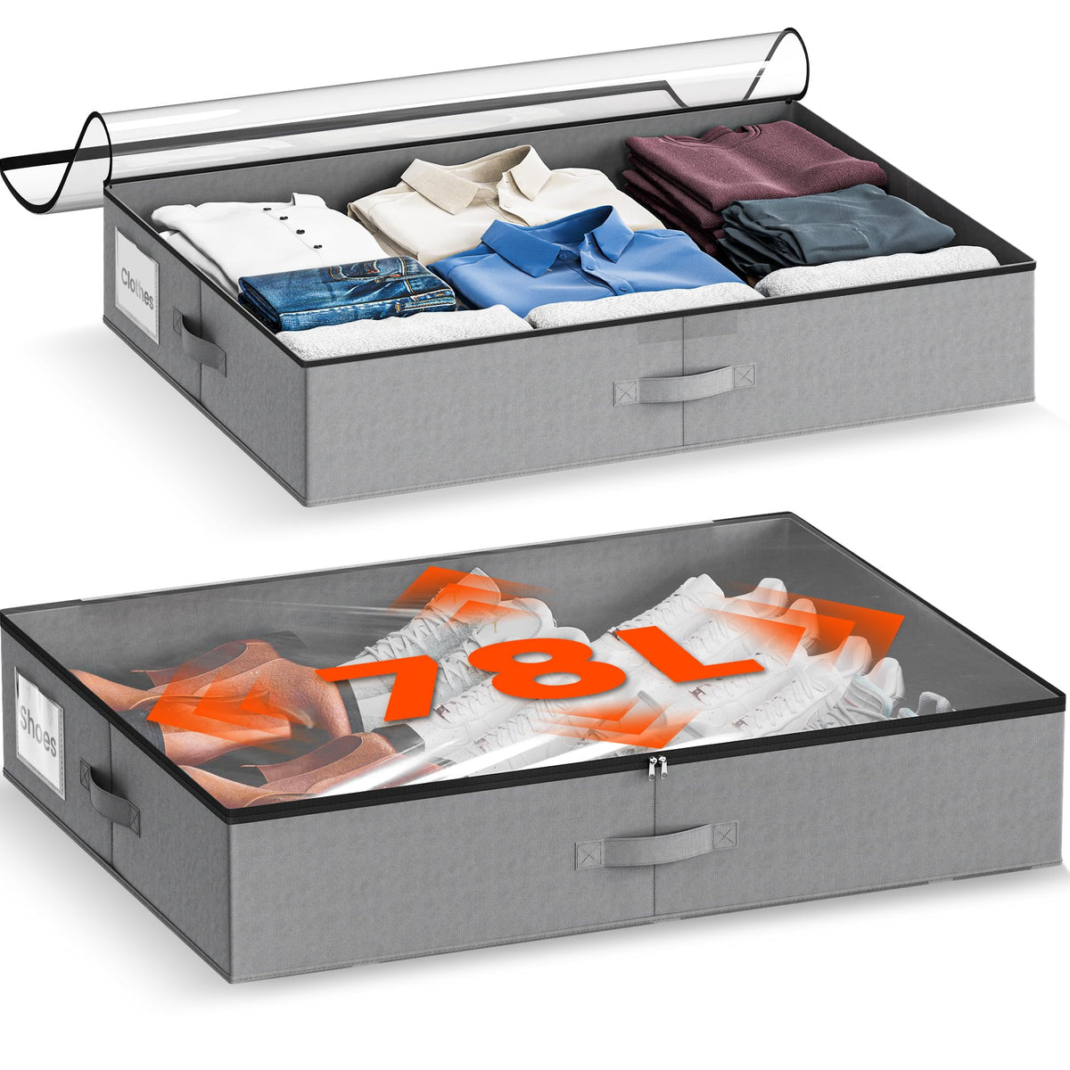 GEMWON XXXL 78L Under Bed Storage, Storage Containers with Support & Clear Lid, Support Frame, Underbed Storage Bins for Clothes