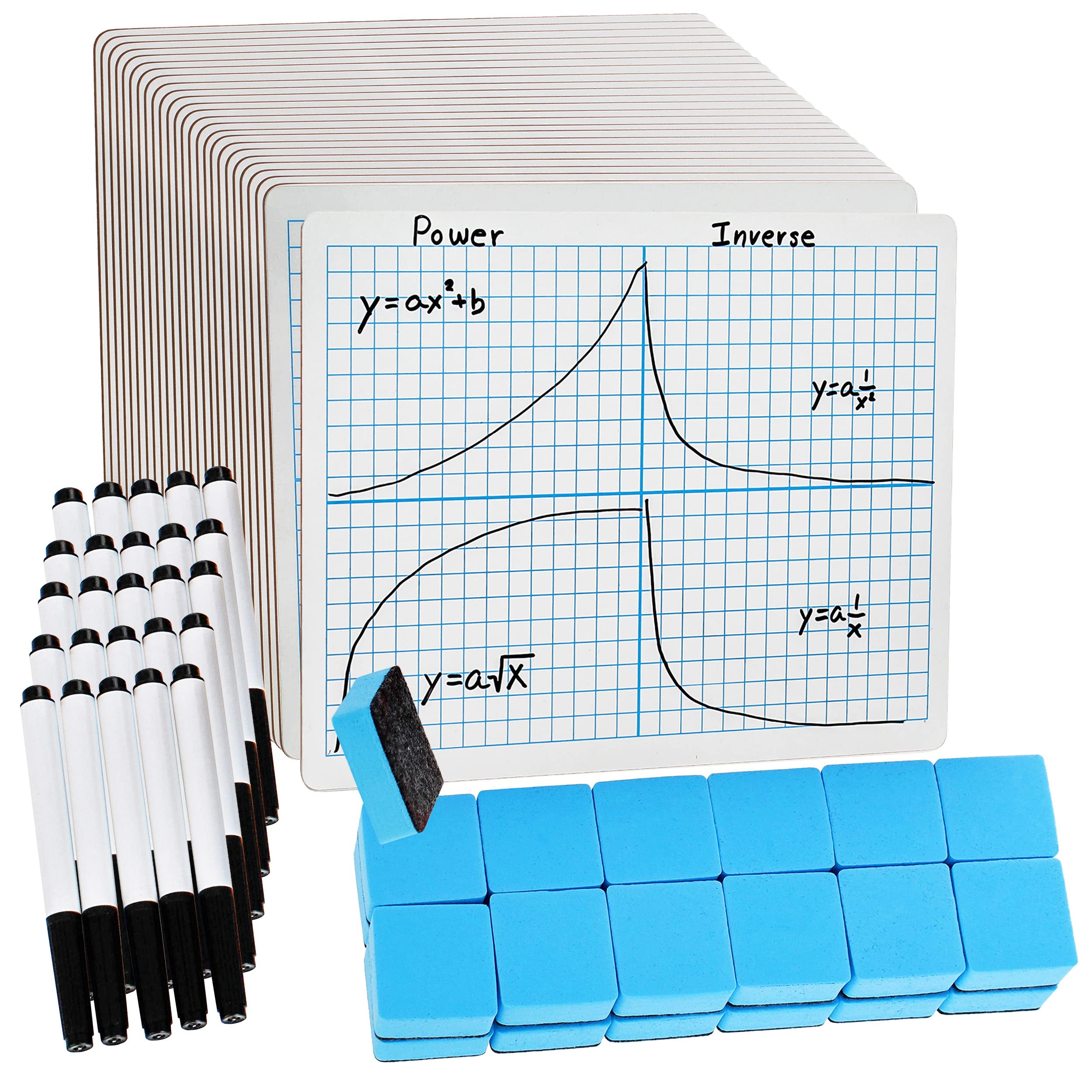7Penn Small Dry Erase Board With Grid Lines - 25 Pack Of Classroom White Boards For Students With Erasers, Markers - Personal Si