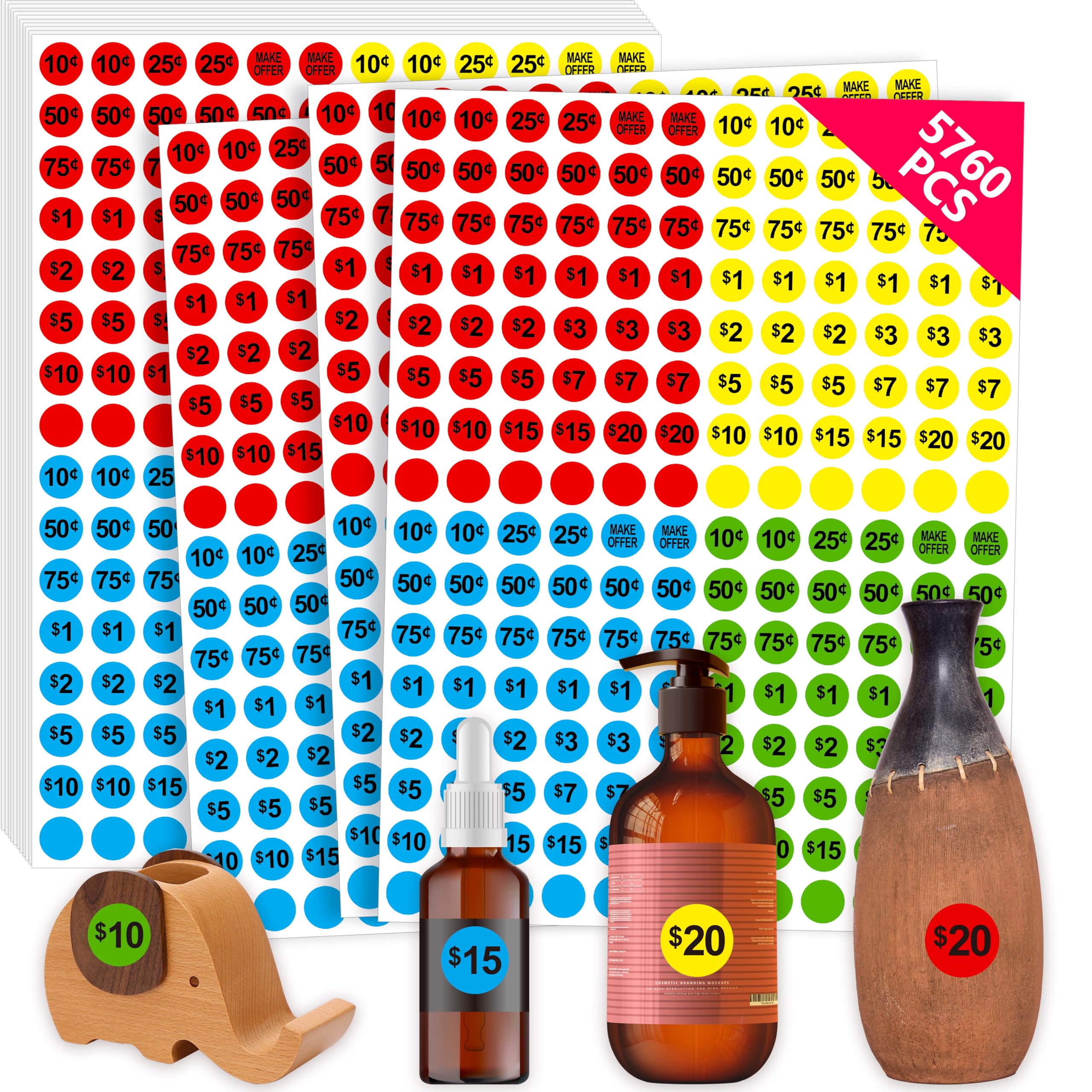 5760 Pcs Pre-Priced Pricing Stickers, Sale Labels In 4 Bright Colors (Yellow/Red/Green/Cyan), Price Tag Stickers For Yard/Garage