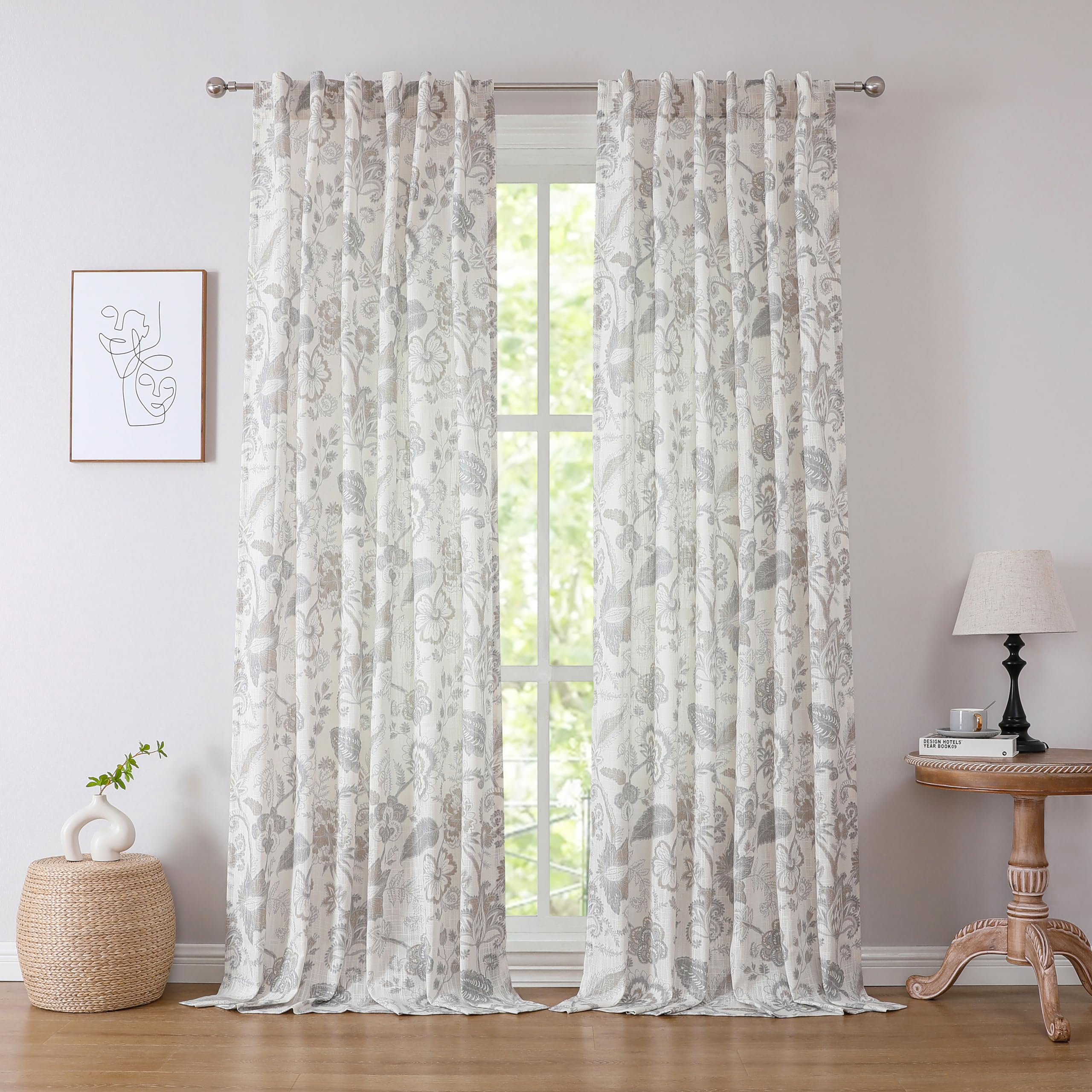 Kayne Studio Linen Grey Curtain Panels Linen Textured Botanical Leaf Print Floral Farmhouse Linen Curtain Drapes Light Filtering
