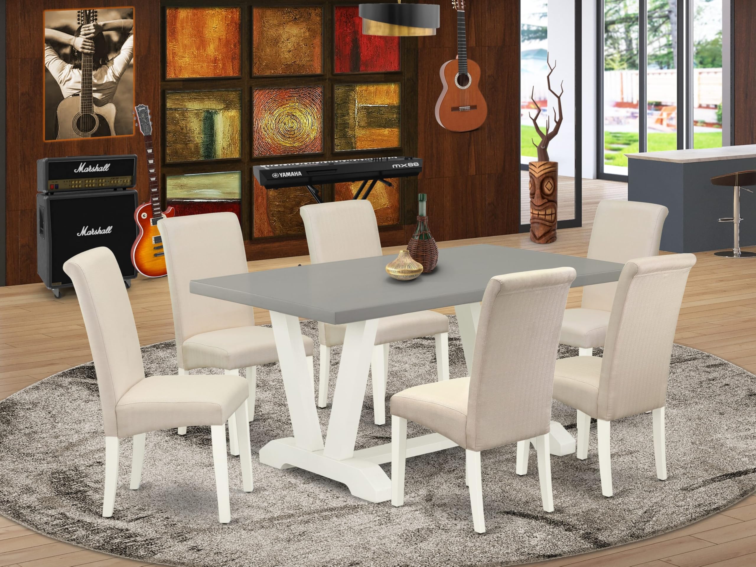 East West Furniture V096Ba201-7 7 Piece Kitchen Table Set Consist Of A Rectangle Dining Table With V-Legs And 6 Cream Linen Fabric Parson Dining Room Chairs, 36X60 Inch, Multi-Color