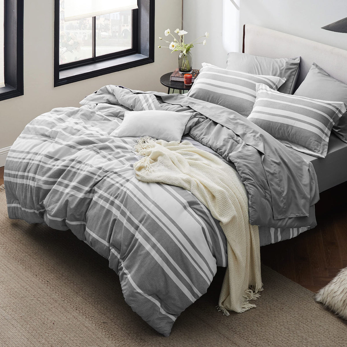 Bedsure Queen Comforter Set 7 Pieces, Grey White Striped Comforter For Queen Size Bed Reversible, Cationic Dyeing Bed In A Bag W