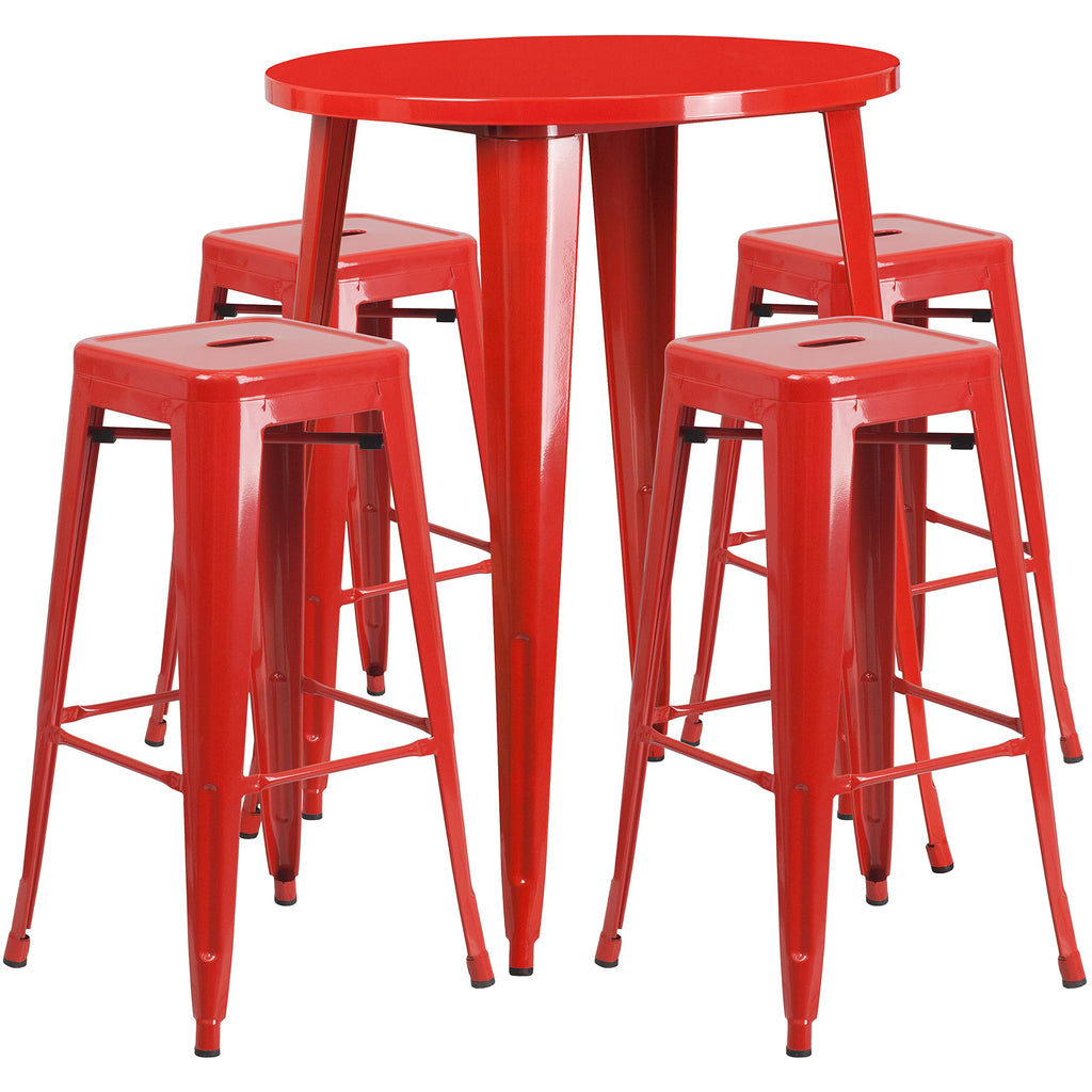 Flash Furniture Commercial Grade 30" Round Red Metal Indoor-Outdoor Bar Table Set with 4 Square Seat Backless Stools