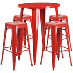 Flash Furniture Commercial Grade 30" Round Red Metal Indoor-Outdoor Bar Table Set with 4 Square Seat Backless Stools