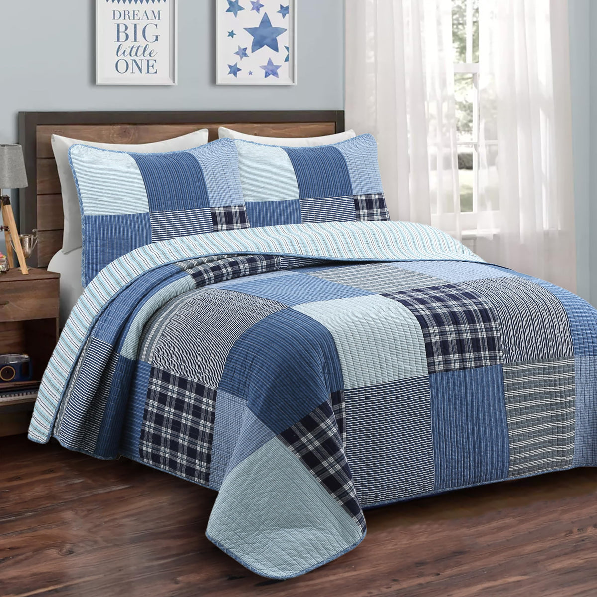 Cozy Line Home Fashions Plaid Patchwork Bedding Quilt Set, Navy Blue 100% Cotton Reversible Coverlet Bedspread For Kids Teen Boy