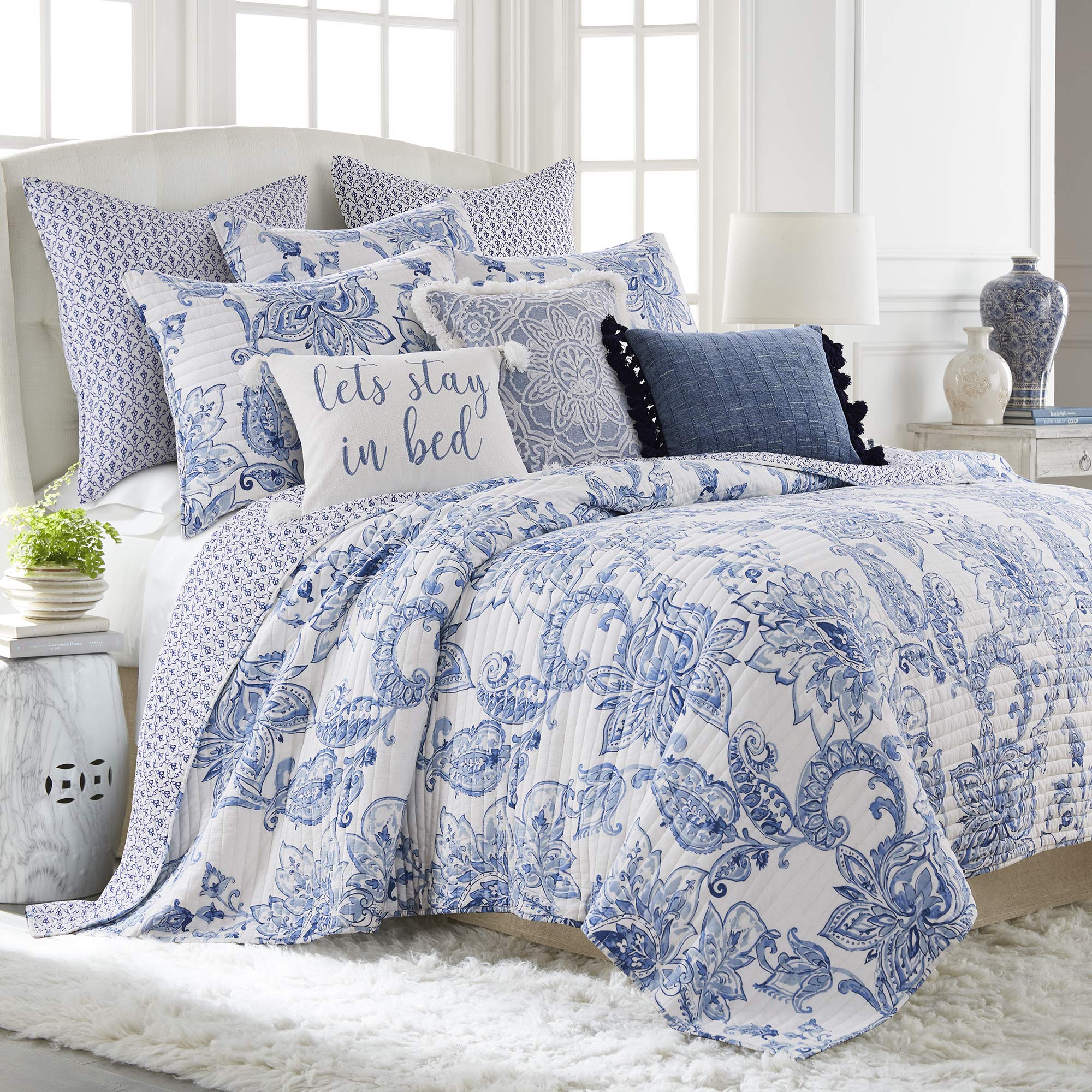 Levtex Home - Bennett Quilt Set - King/Cal King Quilt + Two King Pillow Shams - Floral Paisley - Blue And White - Quilt Size (10