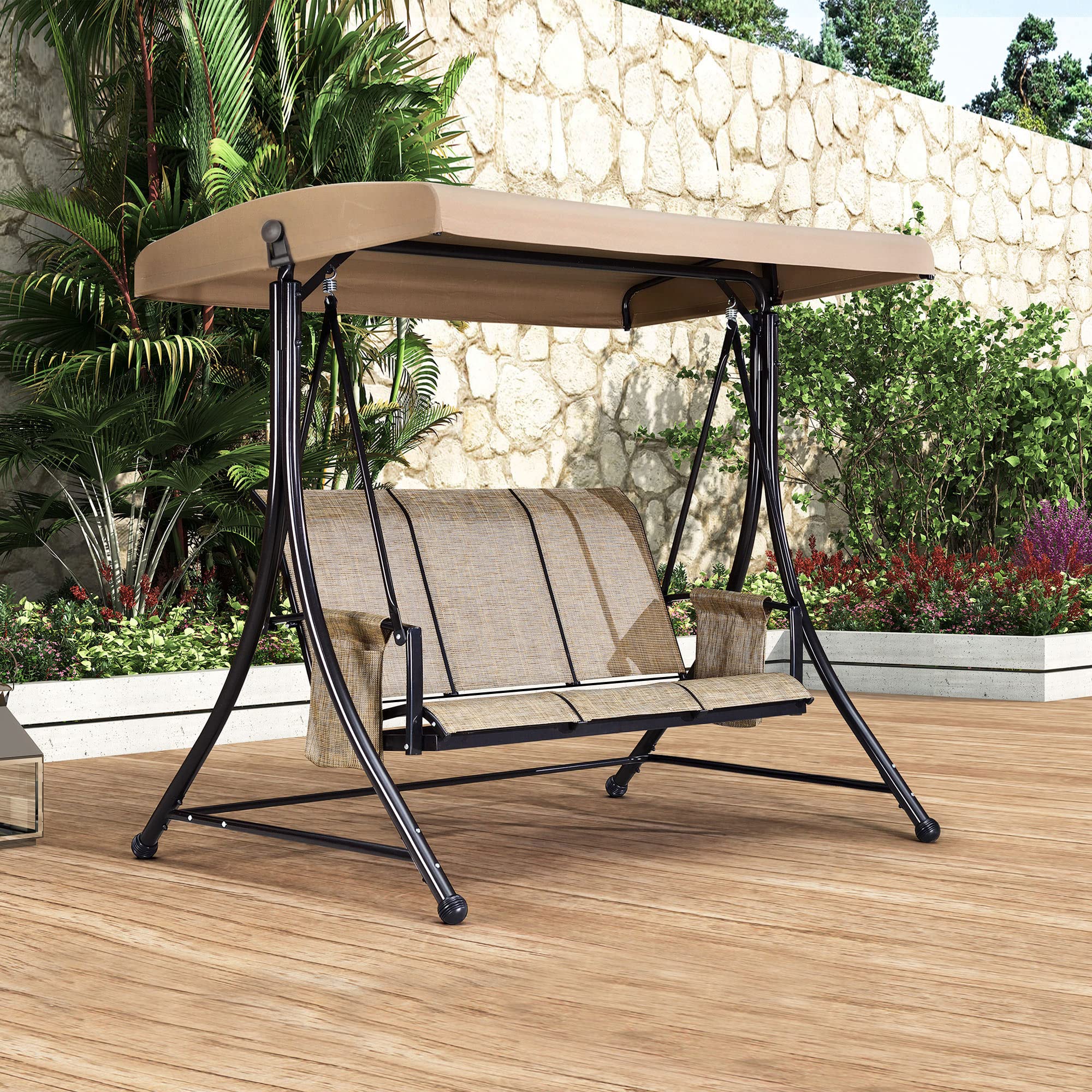 Purple Leaf 3-Seat Deluxe Outdoor Patio Porch Swing With Weather Resistant Steel Frame, Adjustable Tilt Canopy, Beige